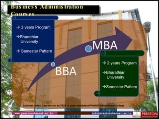 www.prestonchennai.ac.in [email_address] Business Administration Courses Business Admn Courses run by PIDS. A sister institute of Preston International College    2 years Program   Bharathiar  University  Semester Pattern    3 years Program   Bharathiar  University    Semester Pattern 