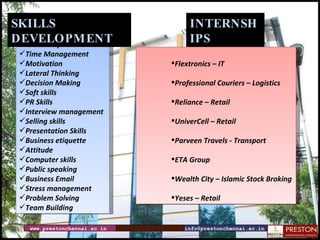 www.prestonchennai.ac.in [email_address] Leadership Time Management Motivation Lateral Thinking Decision Making Soft skills PR Skills Interview management Selling skills Presentation Skills Business etiquette  Attitude Computer skills Public speaking Business Email Stress management Problem Solving Team Building SKILLS DEVELOPMENT INTERNSHIPS Flextronics – IT Professional Couriers – Logistics Reliance – Retail UniverCell – Retail Parveen Travels - Transport ETA Group Wealth City – Islamic Stock Broking Yeses – Retail 