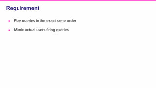 Requirement
● Play queries in the exact same order
● Mimic actual users firing queries
 