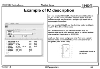 PRESTO 3.2 Training Course
Version 1.0 HDT proprietary
Example of IC description
1 RECEIVER ac_rc vcc gnd
2 RECEIVER ac_rct vcc gnd
3 DRIVER ac_dr8 vcc gnd
4 BIDIR ac_bd8 ac_rc vcc gnd
5 POWER vcc_mod vcc
6 POWER gnd_mod gnd
7 POWER gnd_mod gnd
8 ...
9 ...
MYIC
DIP14
IC 14
pin 1 has function RECEIVER, the electrical model to utilize is
“ac_rc” and the power pins of the electrical model must be
powered through the pins 5 and 6 (the package model will be
automatically connected).
pin 3 has function DRIVER and the electrical model to utilize is
“ac_dr8” (8mA driver in this case).
pin 4 is bidirectional, so two electrical models must be
specified: one will be used when pin 4 acts as DRIVER and the
other one when the pin acts as RECEIVER.
pins 5 and 6 are power and ground pins. They have a power
electrical model associated and a power name (vcc for pin 5
and gnd for pin 6 in this case)
1
2
3
4
5
6
7 8
9
1 0
1 1
1 2
1 3
1 4
v c c
g n d
(the package model is
not shown)
Physical library
16-9
 