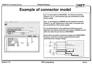 PRESTO 3.2 Training Course
Version 1.0 HDT proprietary
Example of connector model
1 RECEIVER ac_rc 5 0
2 RECEIVER ac_rct 5 0
3 DRIVER ac_dr8 5 0.2
4 BIDIR ac_bd8 ac_rc 5.2 0
5 GENPOWER vee -4.5
6 GENPOWER gnd 0.0
7 ...
8 ...
9 ...
CON15@J1@TUTOR
CONN15PIN
CON 15
pin 1 is connected to a RECEIVER, the electrical model to
utilize is “ac_rc” and its power pins are connected to a 5/0V
power supply.
pin 3 is connected to a DRIVER and the electrical model to
utilize is “ac_dr8” (8mA driver in this case). The power pins
are connected to a 5/0.2 power supply
pin 4 is bidirectional, so two electrical models have to be
specified: one will be used when pin 4 acts as DRIVER and the
other one when the pin acts as a RECEIVER.
pins 5 and 6 are power and ground supply pins (GENPOWER
function). They have a power supply electrical model
associated and a supply voltage.
1
2
3
4
5
1 5
- 4 . 5 V
p o w e r n e t
d e s i g n
u n d e r
t e s t
e x t e r n a l
w o r l d
c o n n e c t o r
g r o u n d n e t0 V
6
5 V
0 V
5 V
5 V
5 . 2 V
0 V
0 V
0 . 2 V
Vset+ Vset-
Physical library
16-14
 
