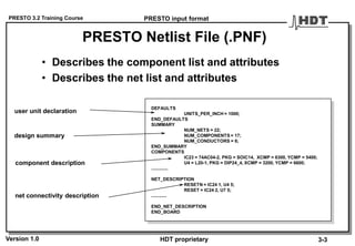 PRESTO 3.2 Training Course
Version 1.0 HDT proprietary
PRESTO Netlist File (.PNF)
• Describes the component list and attributes
• Describes the net list and attributes
DEFAULTS
UNITS_PER_INCH = 1000;
END_DEFAULTS
SUMMARY
NUM_NETS = 22;
NUM_COMPONENTS = 17;
NUM_CONDUCTORS = 6;
END_SUMMARY
COMPONENTS
IC23 = 74AC04-2, PKG = SOIC14, XCMP = 6300, YCMP = 5400;
U4 = L20-1, PKG = DIP24_4, XCMP = 3200, YCMP = 6600;
.............
NET_DESCRIPTION
RESETN = IC24 1, U4 5;
RESET = IC24 2, U7 5;
............
END_NET_DESCRIPTION
END_BOARD
user unit declaration
design summary
component description
net connectivity description
PRESTO input format
3-3
 