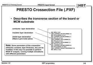 PRESTO 3.2 Training Course
Version 1.0 HDT proprietary
PRESTO Crossection File (.PXF)
• Describes the transverse section of the board or
MCM substrate
INS: AIR,0,,1,0,0;
CND: COPPER,1.44,TOP,595900,1,0;
INS: FR-4,9.84252,,4.7,2,1;
SHL: COPPER,1.44,VEE,595900,3,1;
INS: FR-4,12,,4.7,4,2;
CND: COPPER,1.44,S1,595900,5,2;
INS: FR-4,12,,4.7,6,3;
CND: COPPER,1.44,S2,595900,7,3;
INS: FR-4,12,,4.7,8,4;
SHL: COPPER,1.44,GND,595900,9,4;
INS: FR-4,9.84252,,4.7,10,5;
CND: COPPER,1.44,BOTTOM,595900,11,5;
INS: AIR,0,,1,12,6;
conductor layer declaration
insulator layer declaration
shield layer declaration
(filled or grid metal plane)
Note: Some parameters of the crossection
(dielectric constant, layer thickness, etc) can be
modified. In this way it is possible to perform
WHAT IF analysis, running multiple simulations
with different parameters
PRESTO input format
3-6
 
