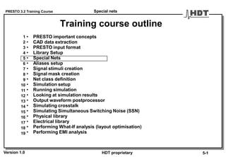 PRESTO 3.2 Training Course
Version 1.0 HDT proprietary
Training course outline
Special nets
5-1
• PRESTO important concepts
• CAD data extraction
• PRESTO input format
• Library Setup
• Special Nets
• Aliases setup
• Signal stimuli creation
• Signal mask creation
• Net class definition
• Simulation setup
• Running simulation
• Looking at simulation results
• Output waveform postprocessor
• Simulating crosstalk
• Simulating Simultaneous Switching Noise (SSN)
• Physical library
• Electrical library
• Performing What-If analysis (layout optimisation)
• Performing EMI analysis
1
2
3
4
5
6
7
8
9
10
11
12
13
14
15
16
17
18
19
 