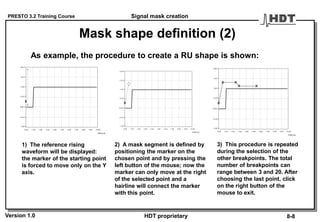PRESTO 3.2 Training Course
Version 1.0 HDT proprietary
Mask shape definition (2)
As example, the procedure to create a RU shape is shown:
0.00 1.00 2.00 3.00 4.00 5.00 6.00 7.00 8.00 9.00 10.00
TIME[nS]
-1.00 V
-0.50 V
0.00 V
0.50 V
1.00 V
1.50 V
2.00 V
0.00 1.00 2.00 3.00 4.00 5.00 6.00 7.00 8.00 9.00 10.00
TIME[nS]
-1.00 V
-0.50 V
0.00 V
0.50 V
1.00 V
1.50 V
2.00 V
0.00 1.00 2.00 3.00 4.00 5.00 6.00 7.00 8.00 9.00 10.00
TIME[nS]
-1.00 V
-0.50 V
0.00 V
0.50 V
1.00 V
1.50 V
2.00 V
1) The reference rising
waveform will be displayed:
the marker of the starting point
is forced to move only on the Y
axis.
2) A mask segment is defined by
positioning the marker on the
chosen point and by pressing the
left button of the mouse; now the
marker can only move at the right
of the selected point and a
hairline will connect the marker
with this point.
3) This procedure is repeated
during the selection of the
other breakpoints. The total
number of breakpoints can
range between 3 and 20. After
choosing the last point, click
on the right button of the
mouse to exit.
Signal mask creation
8-8
 