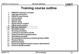 PRESTO 3.2 Training Course
Version 1.0 HDT proprietary
Training course outline
Net class definition
9-1
• PRESTO important concepts
• CAD data extraction
• PRESTO input format
• Library Setup
• Special Nets
• Aliases setup
• Signal stimuli creation
• Signal mask creation
• Net class definition
• Simulation setup
• Running simulation
• Looking at simulation results
• Output waveform postprocessor
• Simulating crosstalk
• Simulating Simultaneous Switching Noise (SSN)
• Physical library
• Electrical library
• Performing What-If analysis (layout optimisation)
• Performing EMI analysis
1
2
3
4
5
6
7
8
9
10
11
12
13
14
15
16
17
18
19
 