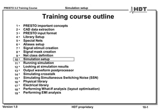 PRESTO 3.2 Training Course
Version 1.0 HDT proprietary
Training course outline
Simulation setup
10-1
• PRESTO important concepts
• CAD data extraction
• PRESTO input format
• Library Setup
• Special Nets
• Aliases setup
• Signal stimuli creation
• Signal mask creation
• Net class definition
• Simulation setup
• Running simulation
• Looking at simulation results
• Output waveform postprocessor
• Simulating crosstalk
• Simulating Simultaneous Switching Noise (SSN)
• Physical library
• Electrical library
• Performing What-If analysis (layout optimisation)
• Performing EMI analysis
1
2
3
4
5
6
7
8
9
10
11
12
13
14
15
16
17
18
19
 