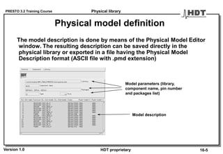 PRESTO 3.2 Training Course
Version 1.0 HDT proprietary
Physical model definition
The model description is done by means of the Physical Model Editor
window. The resulting description can be saved directly in the
physical library or exported in a file having the Physical Model
Description format (ASCII file with .pmd extension)
Model parameters (library,
component name, pin number
and packages list)
Model description
Physical library
16-5
 