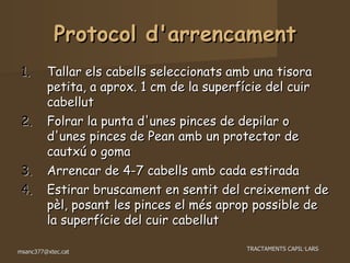 Protocol d'arrencament Tallar els cabells seleccionats amb una tisora petita, a aprox. 1 cm de la superfície del cuir cabellut Folrar la punta d'unes pinces de depilar o d'unes pinces de Pean amb un protector de cautxú o goma Arrencar de 4-7 cabells amb cada estirada Estirar bruscament en sentit del creixement de pèl, posant les pinces el més aprop possible de la superfície del cuir cabellut 