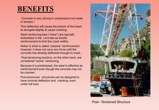 BENEFITS
 Concrete is very strong in compression but weak
in tension,
 This deflection will cause the bottom of the beam
to elongate slightly & cause cracking.
 Steel reinforcing bars (“rebar”) are typically
embedded in the concrete as tensile
reinforcement to limit the crack widths.
 Rebar is what is called “passive” reinforcement
however; it does not carry any force until the
concrete has already deflected enough to crack.
 Post-tensioning tendons, on the other hand, are
considered “active” reinforcing.
 Because it is prestressed, the steel is effective as
reinforcement even though the concrete may not
be cracked .
 Post-tensioned structures can be designed to
have minimal deflection and cracking, even
under full load.
Post –Tensioned Structure
 