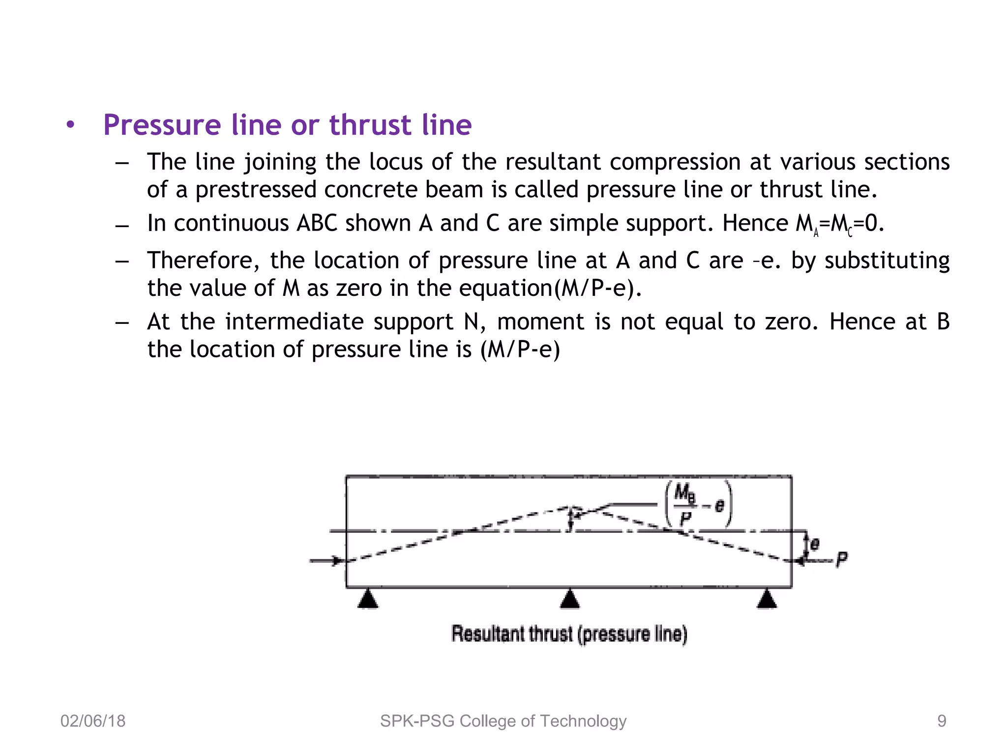 • Pressure line or thrust line
– The line joining the locus of the resultant compression at various sections
of a prestressed concrete beam is called pressure line or thrust line.
– In continuous ABC shown A and C are simple support. Hence MA=MC=0.
– Therefore, the location of pressure line at A and C are –e. by substituting
the value of M as zero in the equation(M/P-e).
– At the intermediate support N, moment is not equal to zero. Hence at B
the location of pressure line is (M/P-e)
02/06/18 SPK-PSG College of Technology 9
 