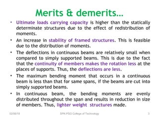 Merits & demerits…
• Ultimate loads carrying capacity is higher than the statically
determinate structures due to the effect of redistribution of
moments.
• An increase in stability of framed structures. This is feasible
due to the distribution of moments.
• The deflections in continuous beams are relatively small when
compared to simply supported beams. This is due to the fact
that the continuity of members makes the rotation less at the
places of supports. Thus, the deflections are less.
• The maximum bending moment that occurs in a continuous
beam is less than that for same spans, if the beams are cut into
simply supported beams.
• In continuous beam, the bending moments are evenly
distributed throughout the span and results in reduction in size
of members. Thus, lighter weight structures made.
02/06/18 SPK-PSG College of Technology 3
 