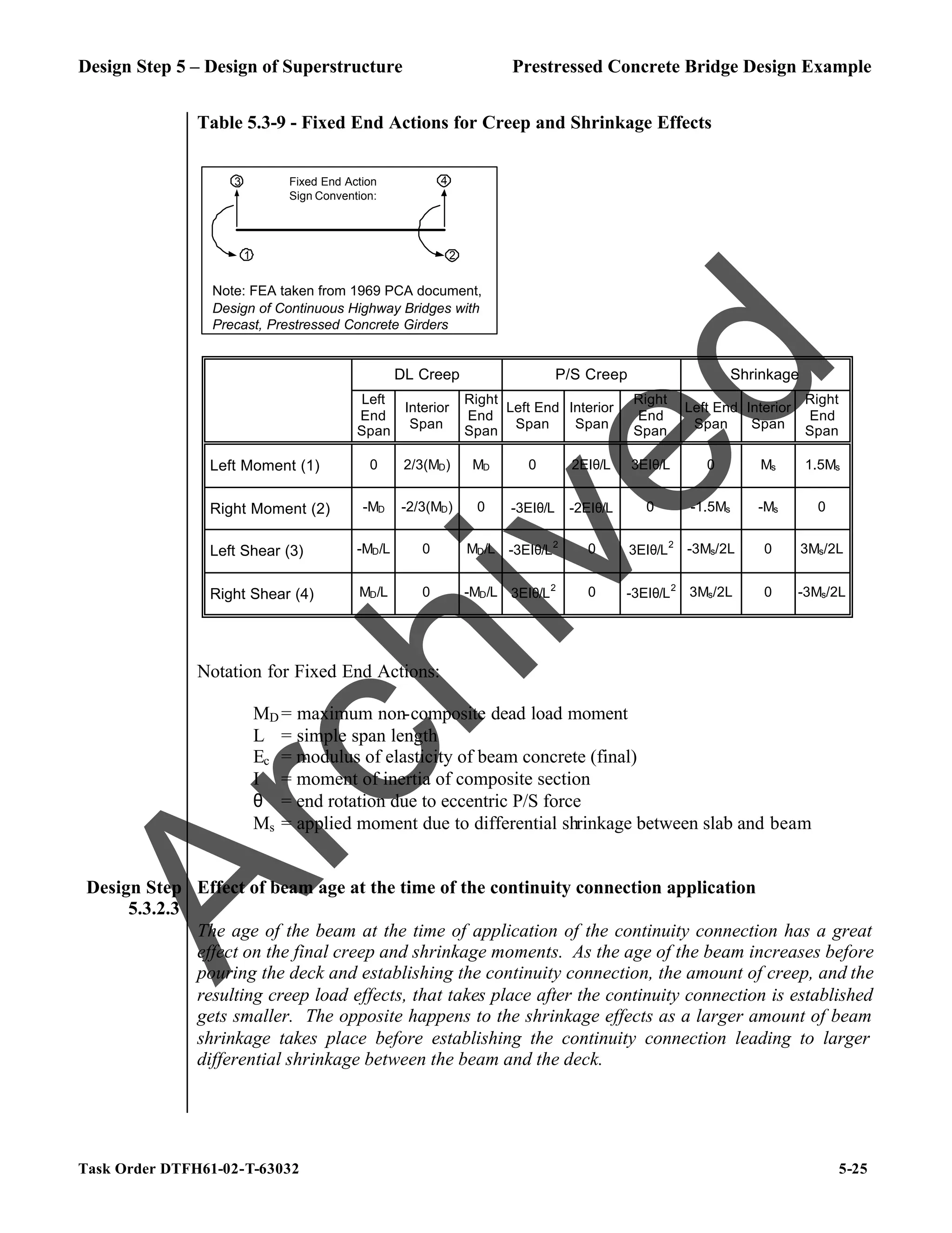 Design Step 5 – Design of Superstructure Prestressed Concrete Bridge Design Example
Task Order DTFH61-02-T-63032 5-25
Table 5.3-9 - Fixed End Actions for Creep and Shrinkage Effects
DL Creep P/S Creep Shrinkage
Left
End
Span
Interior
Span
Right
End
Span
Left End
Span
Interior
Span
Right
End
Span
Left End
Span
Interior
Span
Right
End
Span
Left Moment (1) 0 2/3(MD) MD 0 2EIθ/L 3EIθ/L 0 Ms 1.5Ms
Right Moment (2) -MD -2/3(MD) 0 -3EIθ/L -2EIθ/L 0 -1.5Ms -Ms 0
Left Shear (3) -MD/L 0 MD/L -3EIθ/L
2
0 3EIθ/L
2
-3Ms/2L 0 3Ms/2L
Right Shear (4) MD/L 0 -MD/L 3EIθ/L
2
0 -3EIθ/L
2
3Ms/2L 0 -3Ms/2L
Notation for Fixed End Actions:
MD = maximum non-composite dead load moment
L = simple span length
Ec = modulus of elasticity of beam concrete (final)
I = moment of inertia of composite section
θ = end rotation due to eccentric P/S force
Ms = applied moment due to differential shrinkage between slab and beam
Design Step
5.3.2.3
Effect of beam age at the time of the continuity connection application
The age of the beam at the time of application of the continuity connection has a great
effect on the final creep and shrinkage moments. As the age of the beam increases before
pouring the deck and establishing the continuity connection, the amount of creep, and the
resulting creep load effects, that takes place after the continuity connection is established
gets smaller. The opposite happens to the shrinkage effects as a larger amount of beam
shrinkage takes place before establishing the continuity connection leading to larger
differential shrinkage between the beam and the deck.
3 4
2
1
Fixed End Action
Sign Convention:
Note: FEA taken from 1969 PCA document,
Design of Continuous Highway Bridges with
Precast, Prestressed Concrete Girders
A
r
c
h
i
v
e
d
 