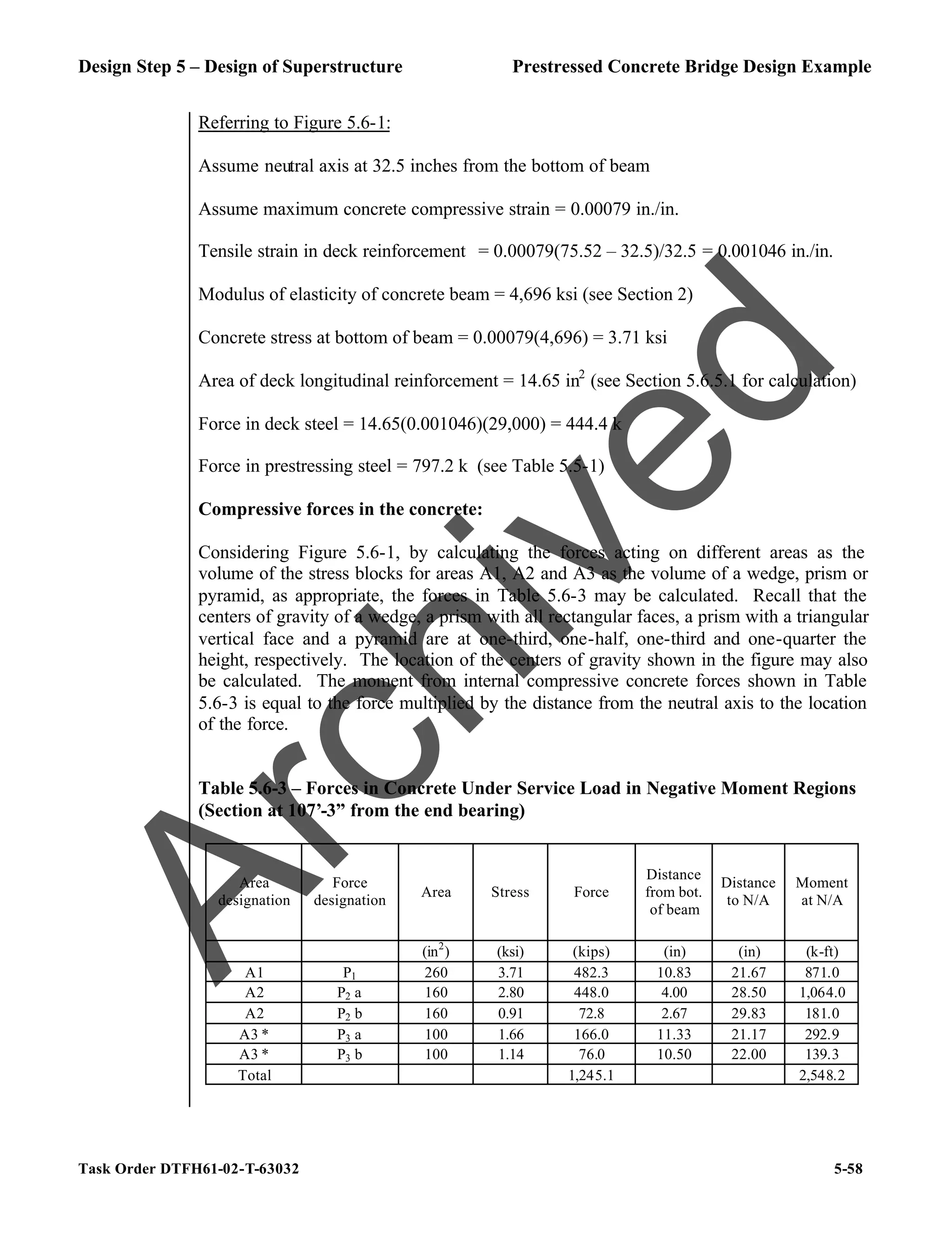 Design Step 5 – Design of Superstructure Prestressed Concrete Bridge Design Example
Task Order DTFH61-02-T-63032 5-58
Referring to Figure 5.6-1:
Assume neutral axis at 32.5 inches from the bottom of beam
Assume maximum concrete compressive strain = 0.00079 in./in.
Tensile strain in deck reinforcement = 0.00079(75.52 – 32.5)/32.5 = 0.001046 in./in.
Modulus of elasticity of concrete beam = 4,696 ksi (see Section 2)
Concrete stress at bottom of beam = 0.00079(4,696) = 3.71 ksi
Area of deck longitudinal reinforcement = 14.65 in2
(see Section 5.6.5.1 for calculation)
Force in deck steel = 14.65(0.001046)(29,000) = 444.4 k
Force in prestressing steel = 797.2 k (see Table 5.5-1)
Compressive forces in the concrete:
Considering Figure 5.6-1, by calculating the forces acting on different areas as the
volume of the stress blocks for areas A1, A2 and A3 as the volume of a wedge, prism or
pyramid, as appropriate, the forces in Table 5.6-3 may be calculated. Recall that the
centers of gravity of a wedge, a prism with all rectangular faces, a prism with a triangular
vertical face and a pyramid are at one-third, one-half, one-third and one-quarter the
height, respectively. The location of the centers of gravity shown in the figure may also
be calculated. The moment from internal compressive concrete forces shown in Table
5.6-3 is equal to the force multiplied by the distance from the neutral axis to the location
of the force.
Table 5.6-3 – Forces in Concrete Under Service Load in Negative Moment Regions
(Section at 107’-3” from the end bearing)
Area
designation
Force
designation
Area Stress Force
Distance
from bot.
of beam
Distance
to N/A
Moment
at N/A
(in2
) (ksi) (kips) (in) (in) (k-ft)
A1 P1 260 3.71 482.3 10.83 21.67 871.0
A2 P2 a 160 2.80 448.0 4.00 28.50 1,064.0
A2 P2 b 160 0.91 72.8 2.67 29.83 181.0
A3 * P3 a 100 1.66 166.0 11.33 21.17 292.9
A3 * P3 b 100 1.14 76.0 10.50 22.00 139.3
Total 1,245.1 2,548.2
A
r
c
h
i
v
e
d
 