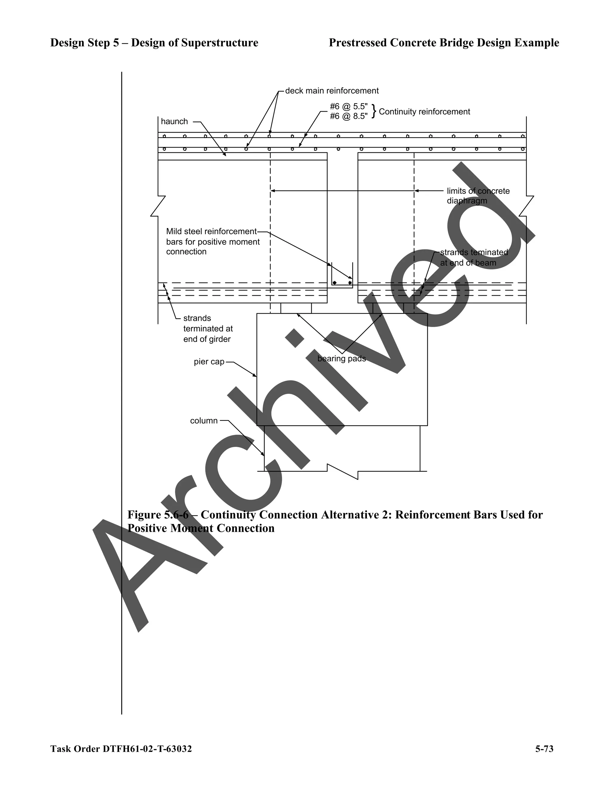 Design Step 5 – Design of Superstructure Prestressed Concrete Bridge Design Example
Task Order DTFH61-02-T-63032 5-73
strands teminated
at end of beam
Mild steel reinforcement
bars for positive moment
connection
bearing pads
pier cap
column
haunch
limits of concrete
diaphragm
strands
terminated at
end of girder
#6 @ 5.5"
#6 @ 8.5"
Continuity reinforcement
}
deck main reinforcement
Figure 5.6-6 – Continuity Connection Alternative 2: Reinforcement Bars Used for
Positive Moment Connection
A
r
c
h
i
v
e
d
 