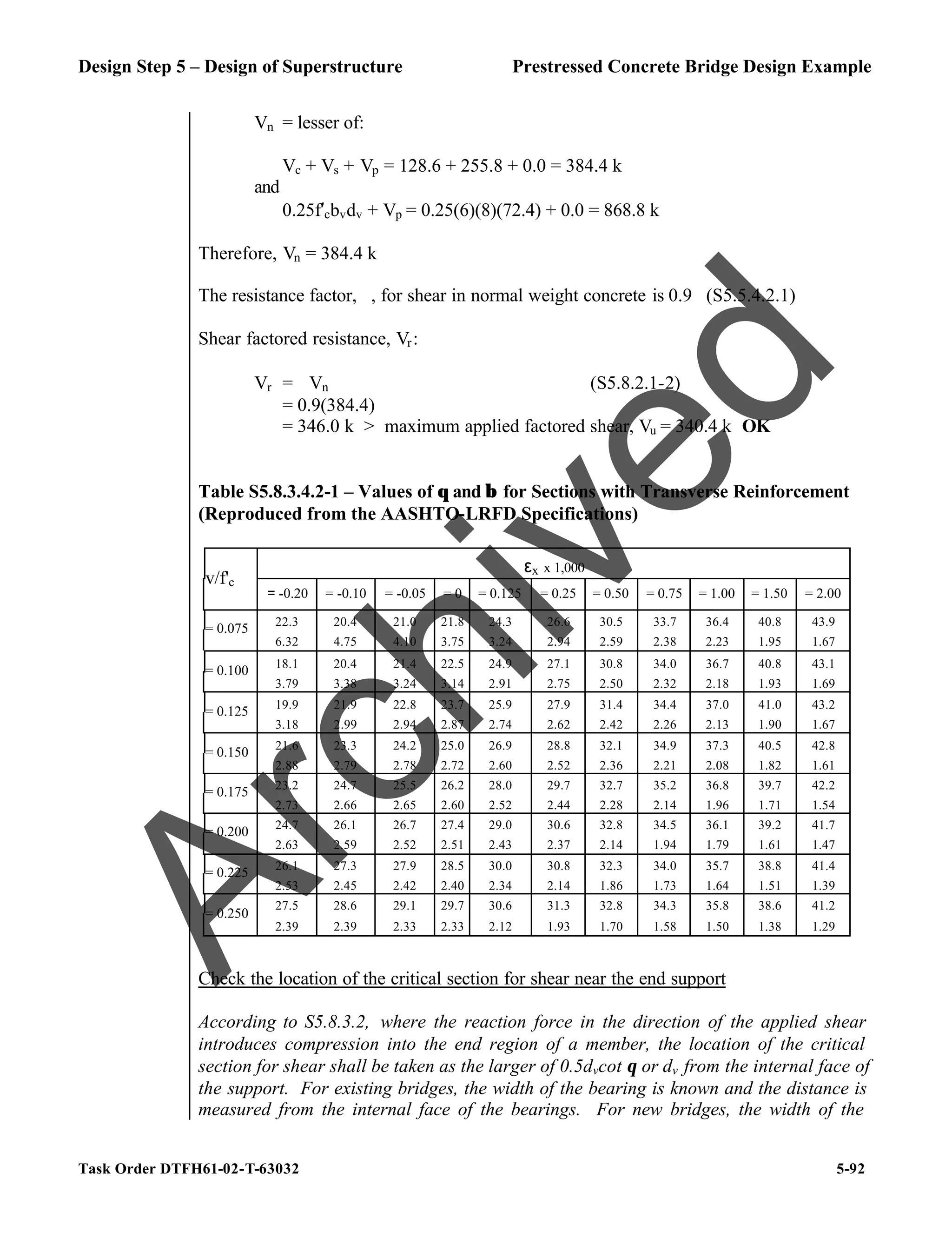 Design Step 5 – Design of Superstructure Prestressed Concrete Bridge Design Example
Task Order DTFH61-02-T-63032 5-92
Vn = lesser of:
Vc + Vs + Vp = 128.6 + 255.8 + 0.0 = 384.4 k
and
0.25f′cbvdv + Vp = 0.25(6)(8)(72.4) + 0.0 = 868.8 k
Therefore, Vn = 384.4 k
The resistance factor, ϕ, for shear in normal weight concrete is 0.9 (S5.5.4.2.1)
Shear factored resistance, Vr:
Vr = ϕVn (S5.8.2.1-2)
= 0.9(384.4)
= 346.0 k > maximum applied factored shear, Vu = 340.4 k OK
Table S5.8.3.4.2-1 – Values of θ and β for Sections with Transverse Reinforcement
(Reproduced from the AASHTO-LRFD Specifications)
εx x 1,000
v/f'c
= -0.20 = -0.10 = -0.05 = 0 = 0.125 = 0.25 = 0.50 = 0.75 = 1.00 = 1.50 = 2.00
22.3 20.4 21.0 21.8 24.3 26.6 30.5 33.7 36.4 40.8 43.9
= 0.075
6.32 4.75 4.10 3.75 3.24 2.94 2.59 2.38 2.23 1.95 1.67
18.1 20.4 21.4 22.5 24.9 27.1 30.8 34.0 36.7 40.8 43.1
= 0.100
3.79 3.38 3.24 3.14 2.91 2.75 2.50 2.32 2.18 1.93 1.69
19.9 21.9 22.8 23.7 25.9 27.9 31.4 34.4 37.0 41.0 43.2
= 0.125
3.18 2.99 2.94 2.87 2.74 2.62 2.42 2.26 2.13 1.90 1.67
21.6 23.3 24.2 25.0 26.9 28.8 32.1 34.9 37.3 40.5 42.8
= 0.150
2.88 2.79 2.78 2.72 2.60 2.52 2.36 2.21 2.08 1.82 1.61
23.2 24.7 25.5 26.2 28.0 29.7 32.7 35.2 36.8 39.7 42.2
= 0.175
2.73 2.66 2.65 2.60 2.52 2.44 2.28 2.14 1.96 1.71 1.54
24.7 26.1 26.7 27.4 29.0 30.6 32.8 34.5 36.1 39.2 41.7
= 0.200
2.63 2.59 2.52 2.51 2.43 2.37 2.14 1.94 1.79 1.61 1.47
26.1 27.3 27.9 28.5 30.0 30.8 32.3 34.0 35.7 38.8 41.4
= 0.225
2.53 2.45 2.42 2.40 2.34 2.14 1.86 1.73 1.64 1.51 1.39
27.5 28.6 29.1 29.7 30.6 31.3 32.8 34.3 35.8 38.6 41.2
= 0.250
2.39 2.39 2.33 2.33 2.12 1.93 1.70 1.58 1.50 1.38 1.29
Check the location of the critical section for shear near the end support
According to S5.8.3.2, where the reaction force in the direction of the applied shear
introduces compression into the end region of a member, the location of the critical
section for shear shall be taken as the larger of 0.5dvcot θ or dv from the internal face of
the support. For existing bridges, the width of the bearing is known and the distance is
measured from the internal face of the bearings. For new bridges, the width of the
A
r
c
h
i
v
e
d
 