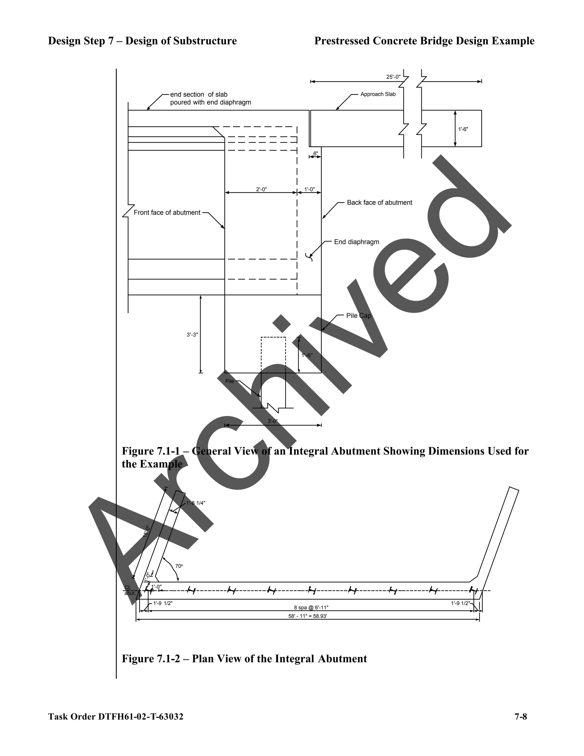 Design Step 7 – Design of Substructure Prestressed Concrete Bridge Design Example
Task Order DTFH61-02-T-63032 7-8
3'-3"
3'-0"
1'-6"
1'-0"
Pile Cap
Back face of abutment
end section of slab
poured with end diaphragm
1'-6"
Approach Slab
2'-0"
25'-0"
End diaphragm
Pile
Front face of abutment
6"
Figure 7.1-1 – General View of an Integral Abutment Showing Dimensions Used for
the Example
1
5
'-
0
"
70o
58' - 11" = 58.93'
1'-8 1/4"
1'-0"
1
'-
0
"
8 spa @ 6'-11"
1'-9 1/2" 1'-9 1/2"
CL
abut.
Figure 7.1-2 – Plan View of the Integral Abutment
A
r
c
h
i
v
e
d
 