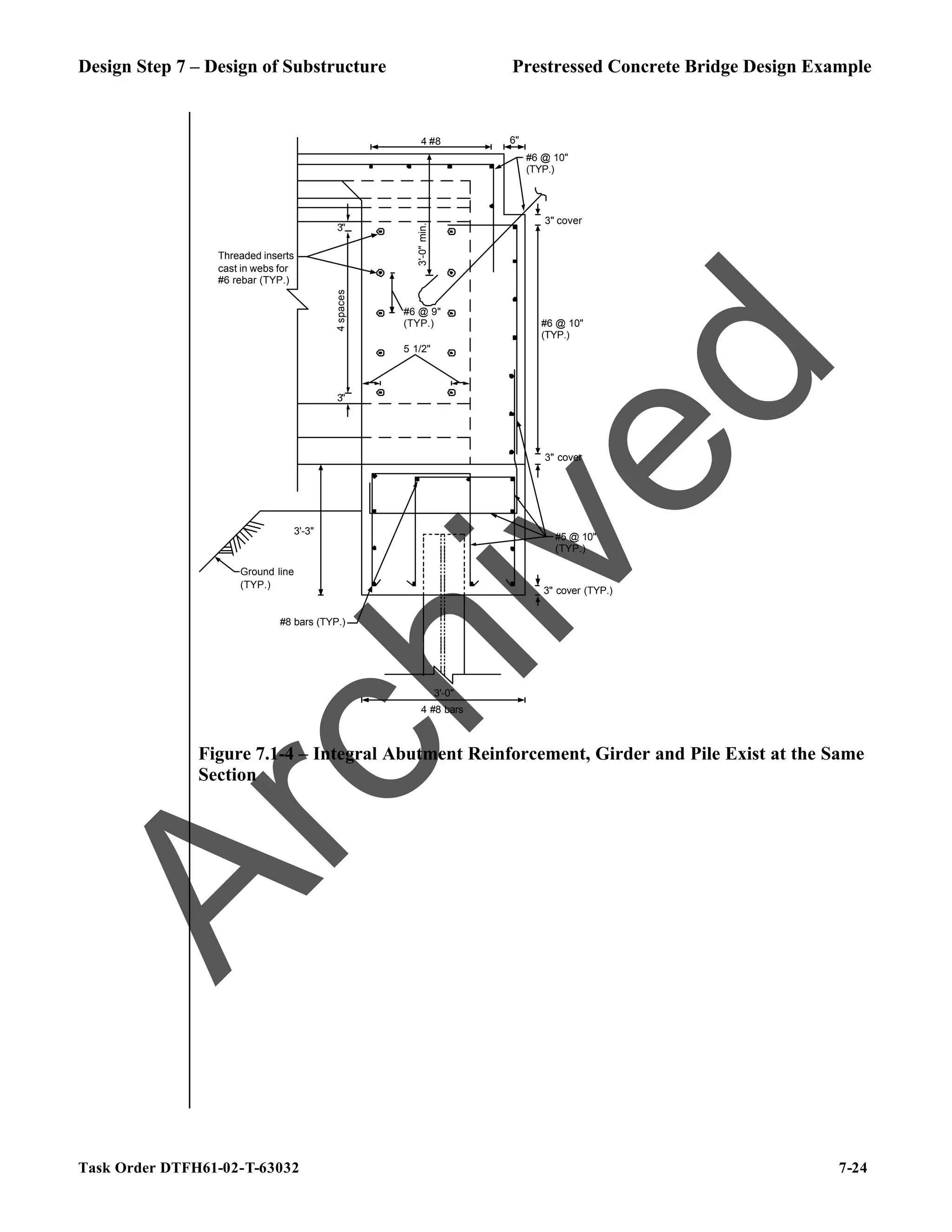 Design Step 7 – Design of Substructure Prestressed Concrete Bridge Design Example
Task Order DTFH61-02-T-63032 7-24
3'-3"
3'-0"
6"
3" cover (TYP.)
5 1/2"
3"
3"
4
spaces
Ground line
(TYP.)
3" cover
3" cover
#6 @ 10"
(TYP.)
Threaded inserts
cast in webs for
#6 rebar (TYP.)
4 #8 bars
3'-0"
min.
#6 @ 10"
(TYP.)
#6 @ 9"
(TYP.)
#5 @ 10"
(TYP.)
4 #8
#8 bars (TYP.)
Figure 7.1-4 – Integral Abutment Reinforcement, Girder and Pile Exist at the Same
Section
A
r
c
h
i
v
e
d
 