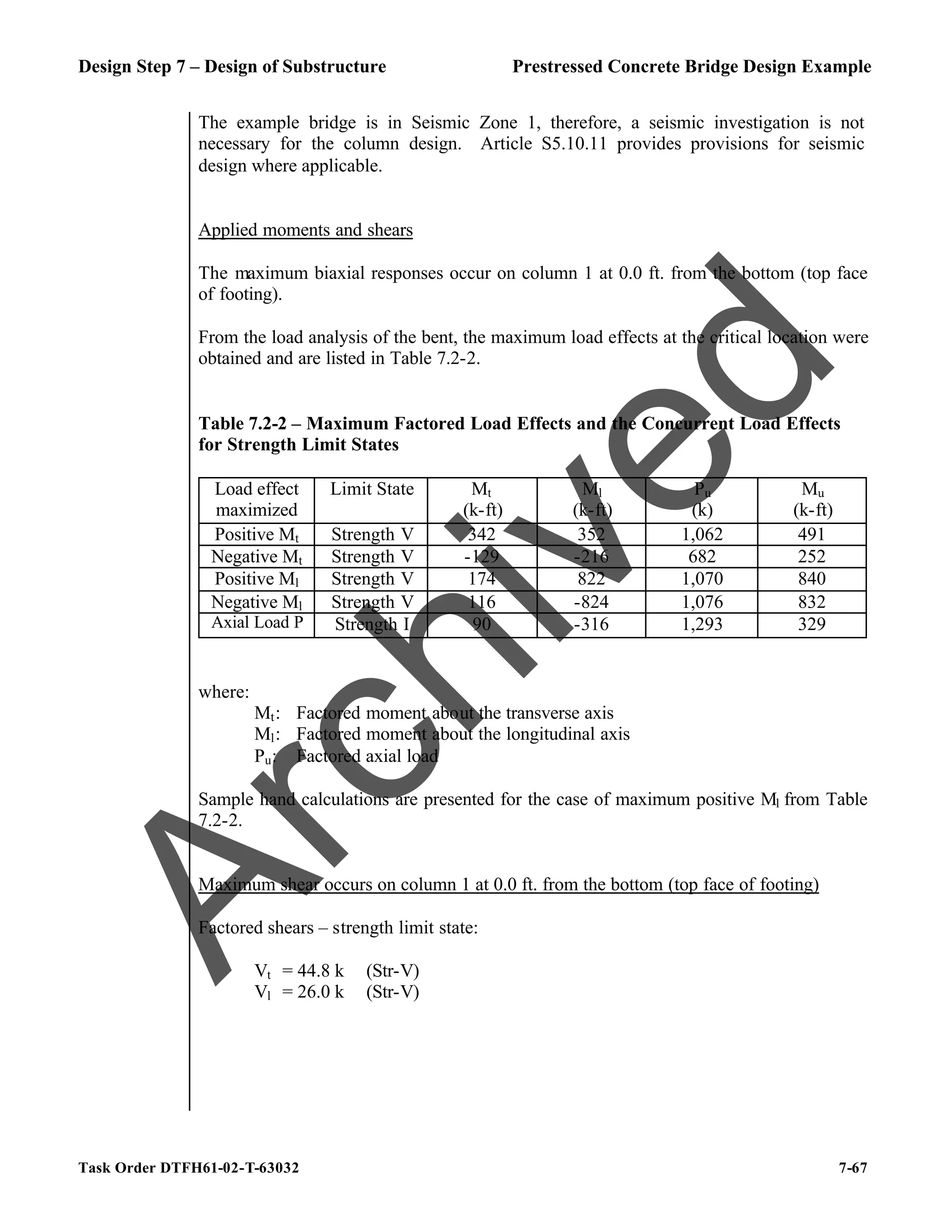 Design Step 7 – Design of Substructure Prestressed Concrete Bridge Design Example
Task Order DTFH61-02-T-63032 7-67
The example bridge is in Seismic Zone 1, therefore, a seismic investigation is not
necessary for the column design. Article S5.10.11 provides provisions for seismic
design where applicable.
Applied moments and shears
The maximum biaxial responses occur on column 1 at 0.0 ft. from the bottom (top face
of footing).
From the load analysis of the bent, the maximum load effects at the critical location were
obtained and are listed in Table 7.2-2.
Table 7.2-2 – Maximum Factored Load Effects and the Concurrent Load Effects
for Strength Limit States
Load effect
maximized
Limit State Mt
(k-ft)
Ml
(k-ft)
Pu
(k)
Mu
(k-ft)
Positive Mt Strength V 342 352 1,062 491
Negative Mt Strength V -129 -216 682 252
Positive Ml Strength V 174 822 1,070 840
Negative Ml Strength V 116 -824 1,076 832
Axial Load P Strength I 90 -316 1,293 329
where:
Mt: Factored moment about the transverse axis
Ml: Factored moment about the longitudinal axis
Pu: Factored axial load
Sample hand calculations are presented for the case of maximum positive Ml from Table
7.2-2.
Maximum shear occurs on column 1 at 0.0 ft. from the bottom (top face of footing)
Factored shears – strength limit state:
Vt = 44.8 k (Str-V)
Vl = 26.0 k (Str-V)
A
r
c
h
i
v
e
d
 