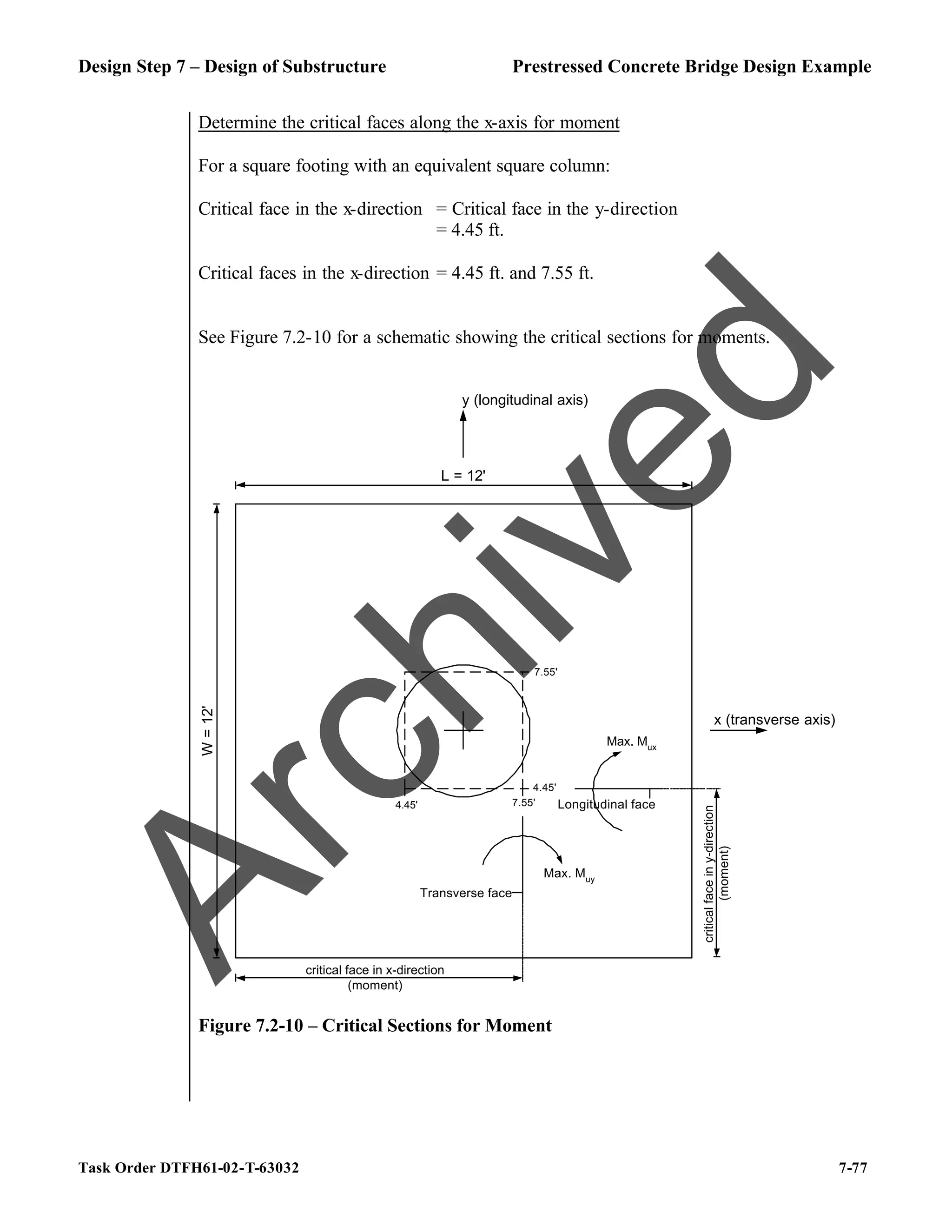 Design Step 7 – Design of Substructure Prestressed Concrete Bridge Design Example
Task Order DTFH61-02-T-63032 7-77
Determine the critical faces along the x-axis for moment
For a square footing with an equivalent square column:
Critical face in the x-direction = Critical face in the y-direction
= 4.45 ft.
Critical faces in the x-direction = 4.45 ft. and 7.55 ft.
See Figure 7.2-10 for a schematic showing the critical sections for moments.
y (longitudinal axis)
x (transverse axis)
L = 12'
W
=
12'
critical face in x-direction
(moment)
critical
face
in
y-direction
(moment)
4.45' 7.55'
4.45'
7.55'
Max. Muy
Transverse face
Max. Mux
Longitudinal face
Figure 7.2-10 – Critical Sections for Moment
A
r
c
h
i
v
e
d
 