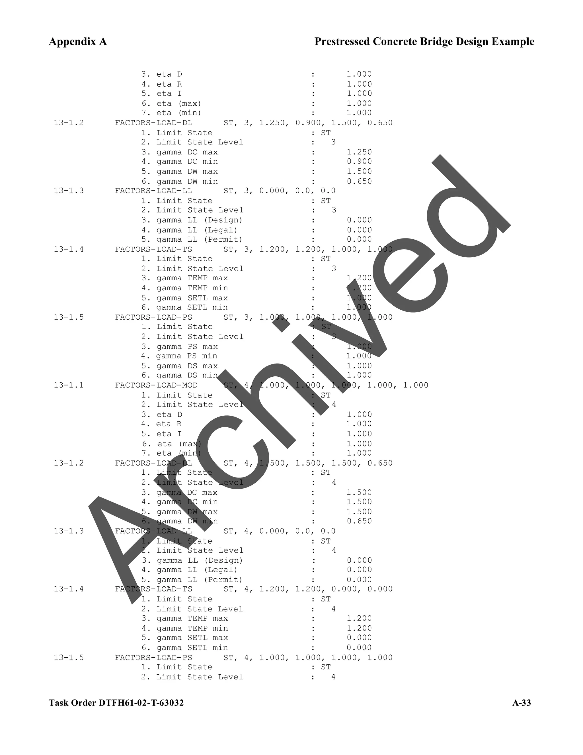 Appendix A Prestressed Concrete Bridge Design Example
Task Order DTFH61-02-T-63032 A-33
3. eta D : 1.000
4. eta R : 1.000
5. eta I : 1.000
6. eta (max) : 1.000
7. eta (min) : 1.000
13-1.2 FACTORS-LOAD-DL ST, 3, 1.250, 0.900, 1.500, 0.650
1. Limit State : ST
2. Limit State Level : 3
3. gamma DC max : 1.250
4. gamma DC min : 0.900
5. gamma DW max : 1.500
6. gamma DW min : 0.650
13-1.3 FACTORS-LOAD-LL ST, 3, 0.000, 0.0, 0.0
1. Limit State : ST
2. Limit State Level : 3
3. gamma LL (Design) : 0.000
4. gamma LL (Legal) : 0.000
5. gamma LL (Permit) : 0.000
13-1.4 FACTORS-LOAD-TS ST, 3, 1.200, 1.200, 1.000, 1.000
1. Limit State : ST
2. Limit State Level : 3
3. gamma TEMP max : 1.200
4. gamma TEMP min : 1.200
5. gamma SETL max : 1.000
6. gamma SETL min : 1.000
13-1.5 FACTORS-LOAD-PS ST, 3, 1.000, 1.000, 1.000, 1.000
1. Limit State : ST
2. Limit State Level : 3
3. gamma PS max : 1.000
4. gamma PS min : 1.000
5. gamma DS max : 1.000
6. gamma DS min : 1.000
13-1.1 FACTORS-LOAD-MOD ST, 4, 1.000, 1.000, 1.000, 1.000, 1.000
1. Limit State : ST
2. Limit State Level : 4
3. eta D : 1.000
4. eta R : 1.000
5. eta I : 1.000
6. eta (max) : 1.000
7. eta (min) : 1.000
13-1.2 FACTORS-LOAD-DL ST, 4, 1.500, 1.500, 1.500, 0.650
1. Limit State : ST
2. Limit State Level : 4
3. gamma DC max : 1.500
4. gamma DC min : 1.500
5. gamma DW max : 1.500
6. gamma DW min : 0.650
13-1.3 FACTORS-LOAD-LL ST, 4, 0.000, 0.0, 0.0
1. Limit State : ST
2. Limit State Level : 4
3. gamma LL (Design) : 0.000
4. gamma LL (Legal) : 0.000
5. gamma LL (Permit) : 0.000
13-1.4 FACTORS-LOAD-TS ST, 4, 1.200, 1.200, 0.000, 0.000
1. Limit State : ST
2. Limit State Level : 4
3. gamma TEMP max : 1.200
4. gamma TEMP min : 1.200
5. gamma SETL max : 0.000
6. gamma SETL min : 0.000
13-1.5 FACTORS-LOAD-PS ST, 4, 1.000, 1.000, 1.000, 1.000
1. Limit State : ST
2. Limit State Level : 4
A
r
c
h
i
v
e
d
 