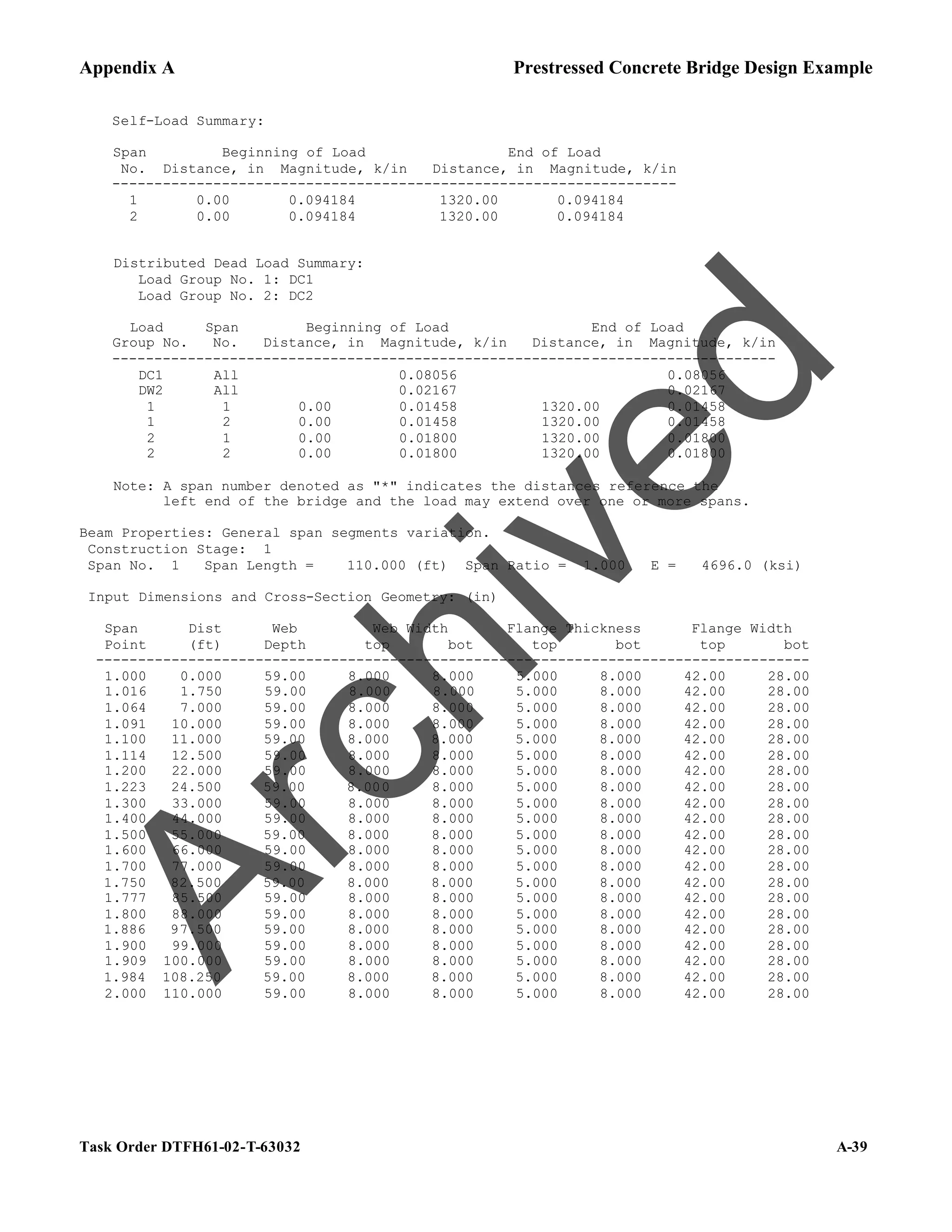 Appendix A Prestressed Concrete Bridge Design Example
Task Order DTFH61-02-T-63032 A-39
Self-Load Summary:
Span Beginning of Load End of Load
No. Distance, in Magnitude, k/in Distance, in Magnitude, k/in
-------------------------------------------------------------------
1 0.00 0.094184 1320.00 0.094184
2 0.00 0.094184 1320.00 0.094184
Distributed Dead Load Summary:
Load Group No. 1: DC1
Load Group No. 2: DC2
Load Span Beginning of Load End of Load
Group No. No. Distance, in Magnitude, k/in Distance, in Magnitude, k/in
-------------------------------------------------------------------------------
DC1 All 0.08056 0.08056
DW2 All 0.02167 0.02167
1 1 0.00 0.01458 1320.00 0.01458
1 2 0.00 0.01458 1320.00 0.01458
2 1 0.00 0.01800 1320.00 0.01800
2 2 0.00 0.01800 1320.00 0.01800
Note: A span number denoted as "*" indicates the distances reference the
left end of the bridge and the load may extend over one or more spans.
Beam Properties: General span segments variation.
Construction Stage: 1
Span No. 1 Span Length = 110.000 (ft) Span Ratio = 1.000 E = 4696.0 (ksi)
Input Dimensions and Cross-Section Geometry: (in)
Span Dist Web Web Width Flange Thickness Flange Width
Point (ft) Depth top bot top bot top bot
-------------------------------------------------------------------------------------
1.000 0.000 59.00 8.000 8.000 5.000 8.000 42.00 28.00
1.016 1.750 59.00 8.000 8.000 5.000 8.000 42.00 28.00
1.064 7.000 59.00 8.000 8.000 5.000 8.000 42.00 28.00
1.091 10.000 59.00 8.000 8.000 5.000 8.000 42.00 28.00
1.100 11.000 59.00 8.000 8.000 5.000 8.000 42.00 28.00
1.114 12.500 59.00 8.000 8.000 5.000 8.000 42.00 28.00
1.200 22.000 59.00 8.000 8.000 5.000 8.000 42.00 28.00
1.223 24.500 59.00 8.000 8.000 5.000 8.000 42.00 28.00
1.300 33.000 59.00 8.000 8.000 5.000 8.000 42.00 28.00
1.400 44.000 59.00 8.000 8.000 5.000 8.000 42.00 28.00
1.500 55.000 59.00 8.000 8.000 5.000 8.000 42.00 28.00
1.600 66.000 59.00 8.000 8.000 5.000 8.000 42.00 28.00
1.700 77.000 59.00 8.000 8.000 5.000 8.000 42.00 28.00
1.750 82.500 59.00 8.000 8.000 5.000 8.000 42.00 28.00
1.777 85.500 59.00 8.000 8.000 5.000 8.000 42.00 28.00
1.800 88.000 59.00 8.000 8.000 5.000 8.000 42.00 28.00
1.886 97.500 59.00 8.000 8.000 5.000 8.000 42.00 28.00
1.900 99.000 59.00 8.000 8.000 5.000 8.000 42.00 28.00
1.909 100.000 59.00 8.000 8.000 5.000 8.000 42.00 28.00
1.984 108.250 59.00 8.000 8.000 5.000 8.000 42.00 28.00
2.000 110.000 59.00 8.000 8.000 5.000 8.000 42.00 28.00
A
r
c
h
i
v
e
d
 