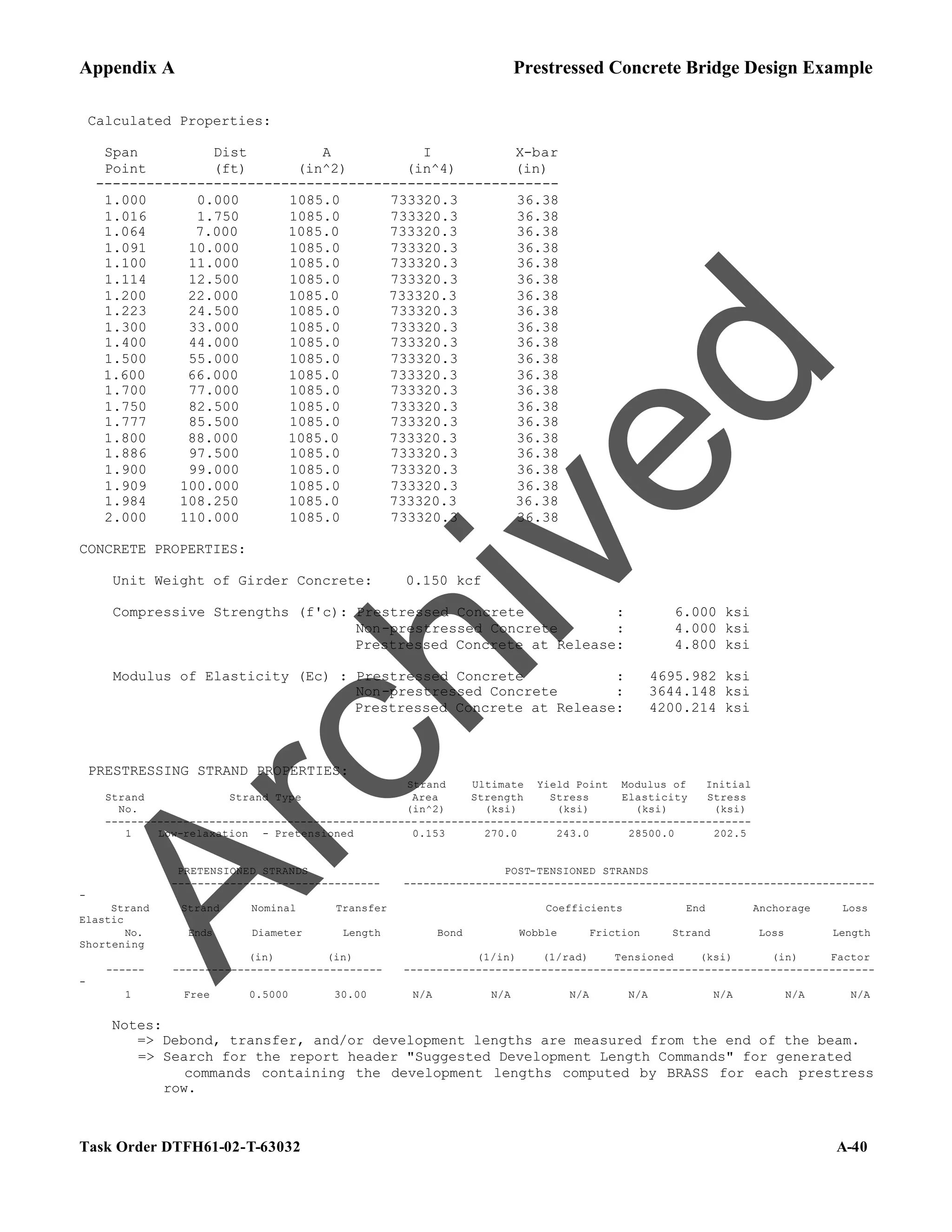 Appendix A Prestressed Concrete Bridge Design Example
Task Order DTFH61-02-T-63032 A-40
Calculated Properties:
Span Dist A I X-bar
Point (ft) (in^2) (in^4) (in)
-------------------------------------------------------
1.000 0.000 1085.0 733320.3 36.38
1.016 1.750 1085.0 733320.3 36.38
1.064 7.000 1085.0 733320.3 36.38
1.091 10.000 1085.0 733320.3 36.38
1.100 11.000 1085.0 733320.3 36.38
1.114 12.500 1085.0 733320.3 36.38
1.200 22.000 1085.0 733320.3 36.38
1.223 24.500 1085.0 733320.3 36.38
1.300 33.000 1085.0 733320.3 36.38
1.400 44.000 1085.0 733320.3 36.38
1.500 55.000 1085.0 733320.3 36.38
1.600 66.000 1085.0 733320.3 36.38
1.700 77.000 1085.0 733320.3 36.38
1.750 82.500 1085.0 733320.3 36.38
1.777 85.500 1085.0 733320.3 36.38
1.800 88.000 1085.0 733320.3 36.38
1.886 97.500 1085.0 733320.3 36.38
1.900 99.000 1085.0 733320.3 36.38
1.909 100.000 1085.0 733320.3 36.38
1.984 108.250 1085.0 733320.3 36.38
2.000 110.000 1085.0 733320.3 36.38
CONCRETE PROPERTIES:
Unit Weight of Girder Concrete: 0.150 kcf
Compressive Strengths (f'c): Prestressed Concrete : 6.000 ksi
Non-prestressed Concrete : 4.000 ksi
Prestressed Concrete at Release: 4.800 ksi
Modulus of Elasticity (Ec) : Prestressed Concrete : 4695.982 ksi
Non-prestressed Concrete : 3644.148 ksi
Prestressed Concrete at Release: 4200.214 ksi
PRESTRESSING STRAND PROPERTIES:
Strand Ultimate Yield Point Modulus of Initial
Strand Strand Type Area Strength Stress Elasticity Stress
No. (in^2) (ksi) (ksi) (ksi) (ksi)
---------------------------------------------------------------------------------------------------
1 Low-relaxation - Pretensioned 0.153 270.0 243.0 28500.0 202.5
PRETENSIONED STRANDS POST-TENSIONED STRANDS
-------------------------------- ------------------------------------------------------------------------
-
Strand Strand Nominal Transfer Coefficients End Anchorage Loss
Elastic
No. Ends Diameter Length Bond Wobble Friction Strand Loss Length
Shortening
(in) (in) (1/in) (1/rad) Tensioned (ksi) (in) Factor
------ -------------------------------- ------------------------------------------------------------------------
-
1 Free 0.5000 30.00 N/A N/A N/A N/A N/A N/A N/A
Notes:
=> Debond, transfer, and/or development lengths are measured from the end of the beam.
=> Search for the report header "Suggested Development Length Commands" for generated
commands containing the development lengths computed by BRASS for each prestress
row.
A
r
c
h
i
v
e
d
 