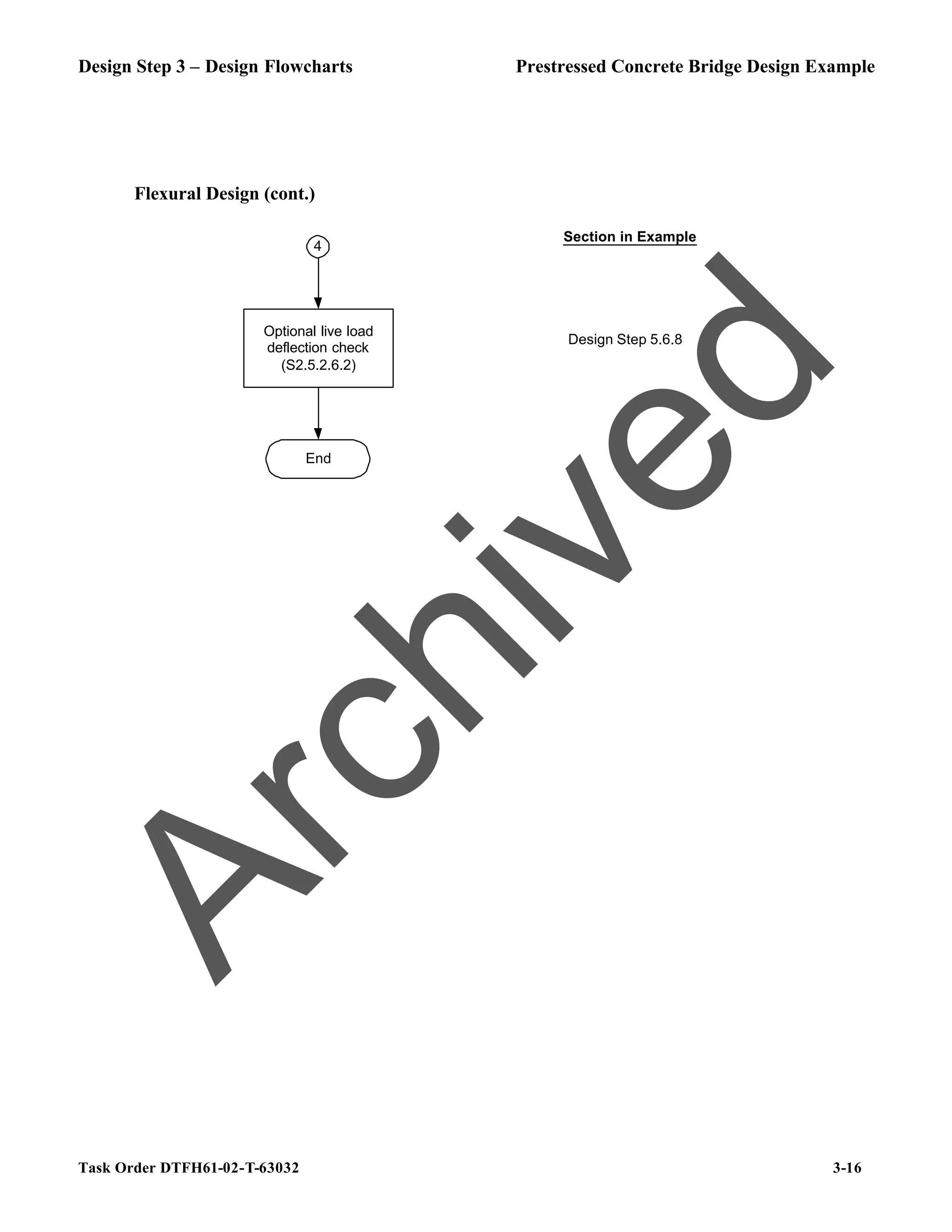 Design Step 3 – Design Flowcharts Prestressed Concrete Bridge Design Example
Task Order DTFH61-02-T-63032 3-16
Flexural Design (cont.)
End
Optional live load
deflection check
(S2.5.2.6.2)
4
Design Step 5.6.8
Section in Example
A
r
c
h
i
v
e
d
 
