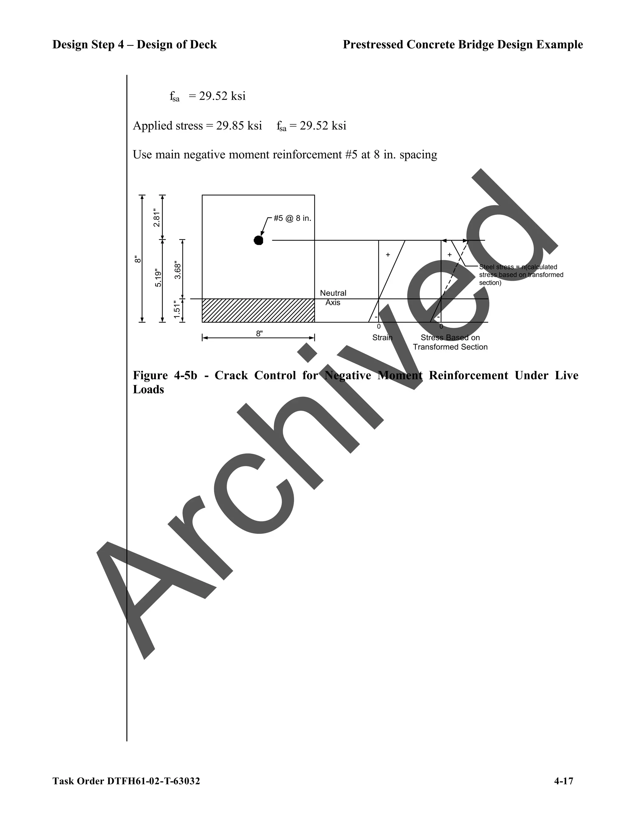 Design Step 4 – Design of Deck Prestressed Concrete Bridge Design Example
Task Order DTFH61-02-T-63032 4-17
fsa = 29.52 ksi
Applied stress = 29.85 ksi ≅ fsa = 29.52 ksi
Use main negative moment reinforcement #5 at 8 in. spacing
#5 @ 8 in.
2.81"
1.51"
5.19"
8"
8"
3.68"
Neutral
Axis
+
-
Strain
0
Stress Based on
Transformed Section
0
-
Steel stress = n(calculated
stress based on transformed
section)
+
Figure 4-5b - Crack Control for Negative Moment Reinforcement Under Live
Loads
A
r
c
h
i
v
e
d
 