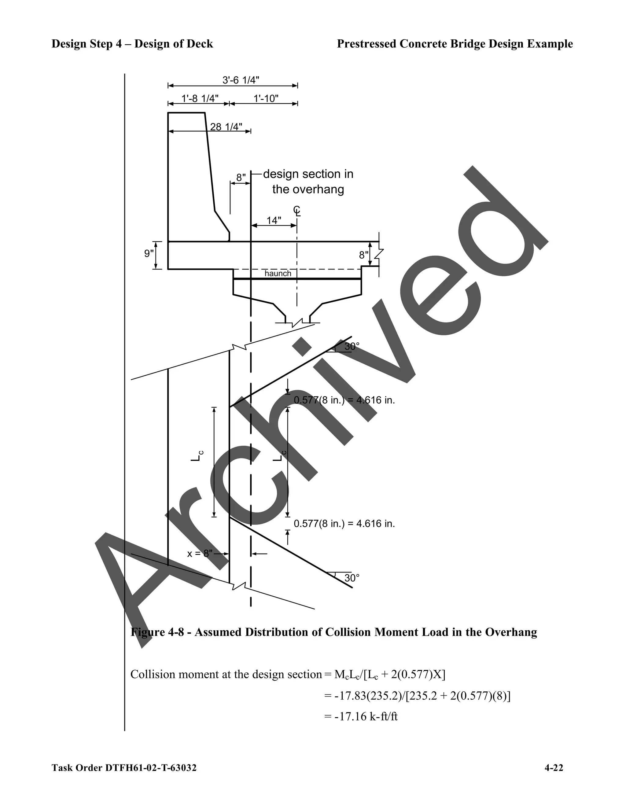 Design Step 4 – Design of Deck Prestressed Concrete Bridge Design Example
Task Order DTFH61-02-T-63032 4-22
14"
8"
9"
C
L
1'-8 1/4"
3'-6 1/4"
1'-10"
design section in
the overhang
L
c
L
c
0.577(8 in.) = 4.616 in.
0.577(8 in.) = 4.616 in.
30°
30°
haunch
8"
28 1/4"
x = 8"
Figure 4-8 - Assumed Distribution of Collision Moment Load in the Overhang
Collision moment at the design section = McLc/[Lc + 2(0.577)X]
= -17.83(235.2)/[235.2 + 2(0.577)(8)]
= -17.16 k-ft/ft
A
r
c
h
i
v
e
d
 