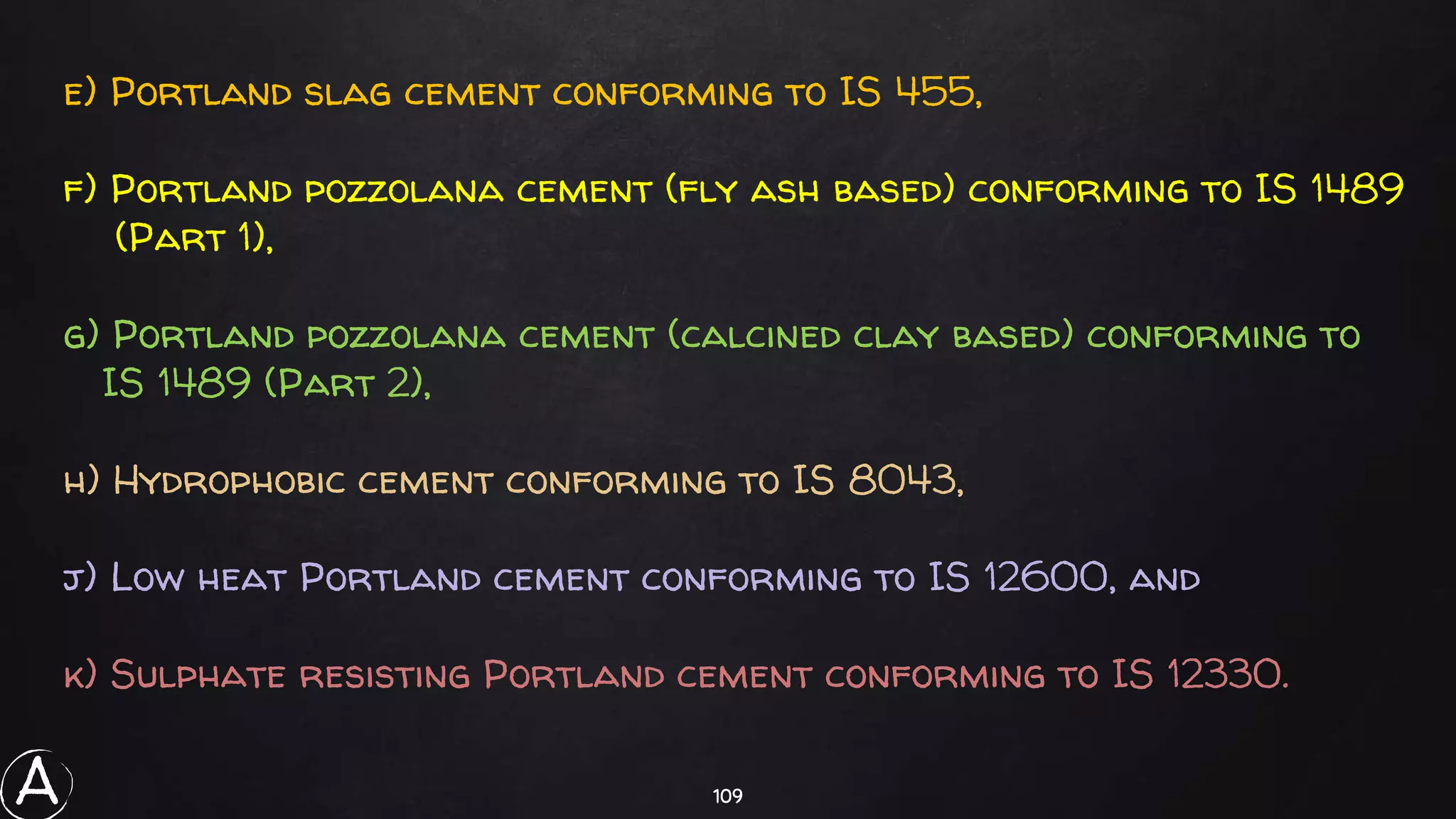 109
e) Portland slag cement conforming to IS 455,
f) Portland pozzolana cement (fly ash based) conforming to IS 1489
(Part 1),
g) Portland pozzolana cement (calcined clay based) conforming to
IS 1489 (Part 2),
h) Hydrophobic cement conforming to IS 8043,
j) Low heat Portland cement conforming to IS 12600, and
k) Sulphate resisting Portland cement conforming to IS 12330.
A
 