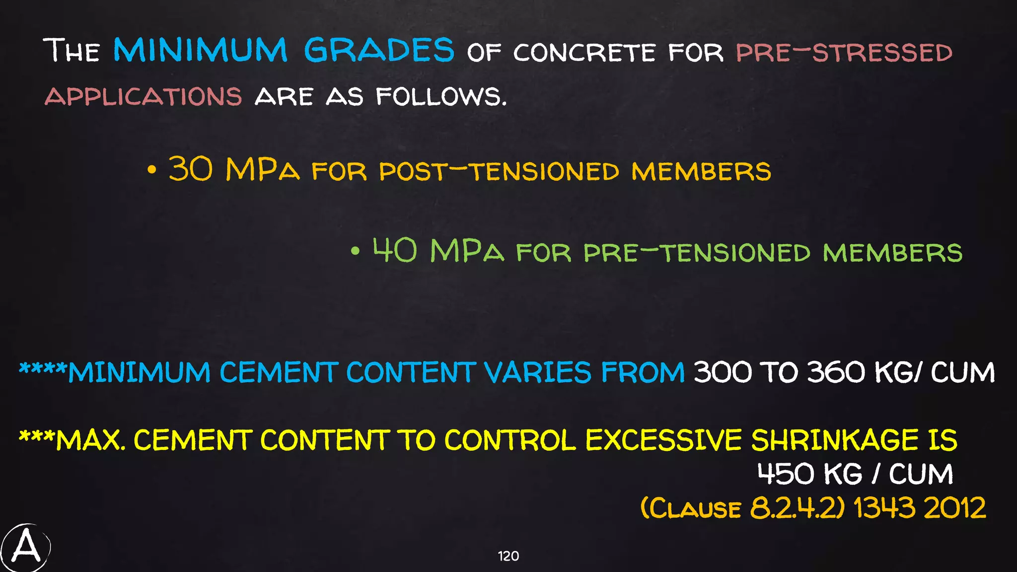 120
The minimum grades of concrete for pre-stressed
applications are as follows.
• 30 MPa for post-tensioned members
• 40 MPa for pre-tensioned members
****MINIMUM CEMENT CONTENT VARIES FROM 300 TO 360 KG/ CUM
***MAX. CEMENT CONTENT TO CONTROL EXCESSIVE SHRINKAGE IS
450 KG / CUM
(Clause 8.2.4.2) 1343 2012
A
 