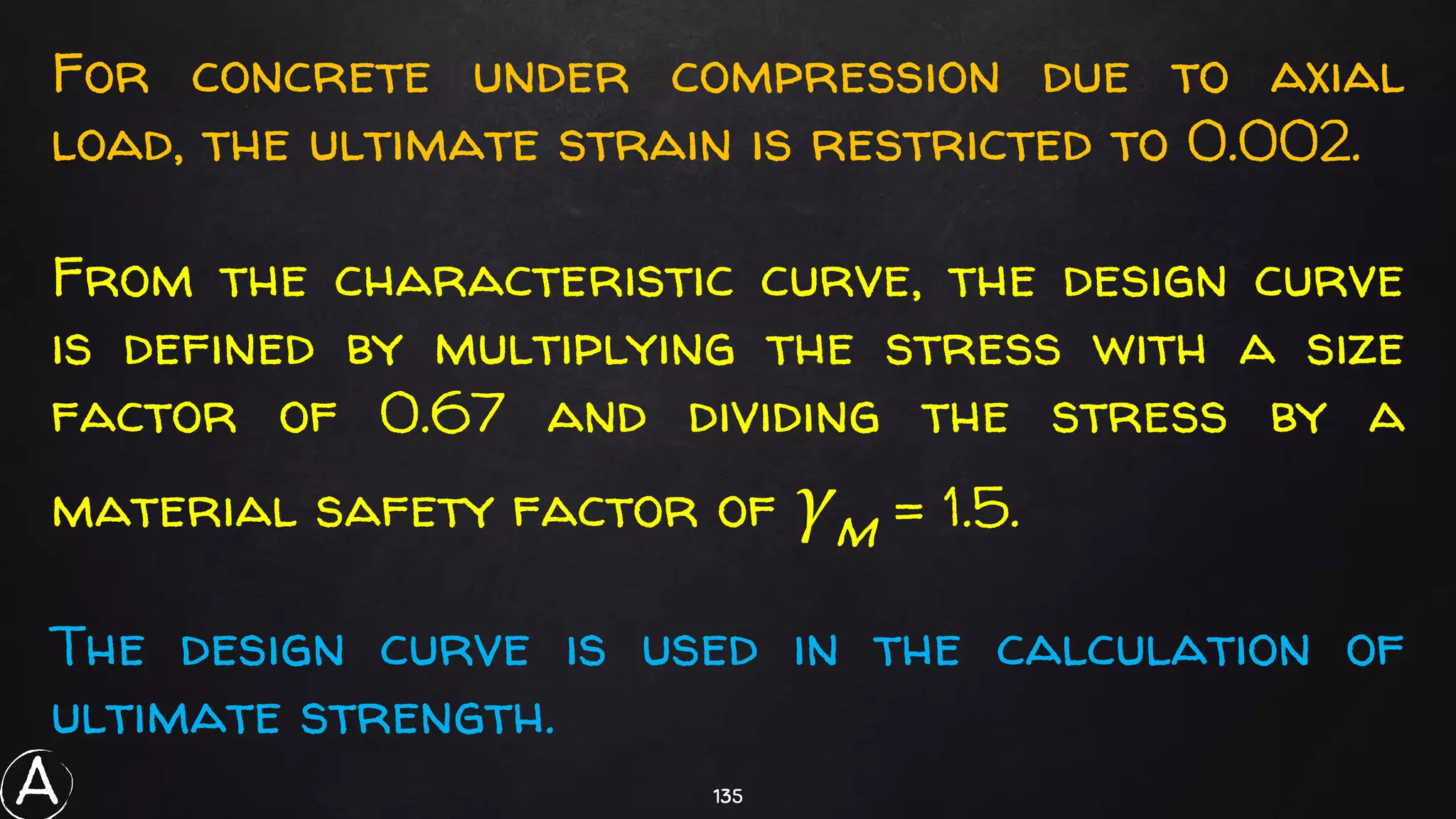 135
For concrete under compression due to axial
load, the ultimate strain is restricted to 0.002.
From the characteristic curve, the design curve
is defined by multiplying the stress with a size
factor of 0.67 and dividing the stress by a
material safety factor of γm = 1.5.
The design curve is used in the calculation of
ultimate strength.
A
 