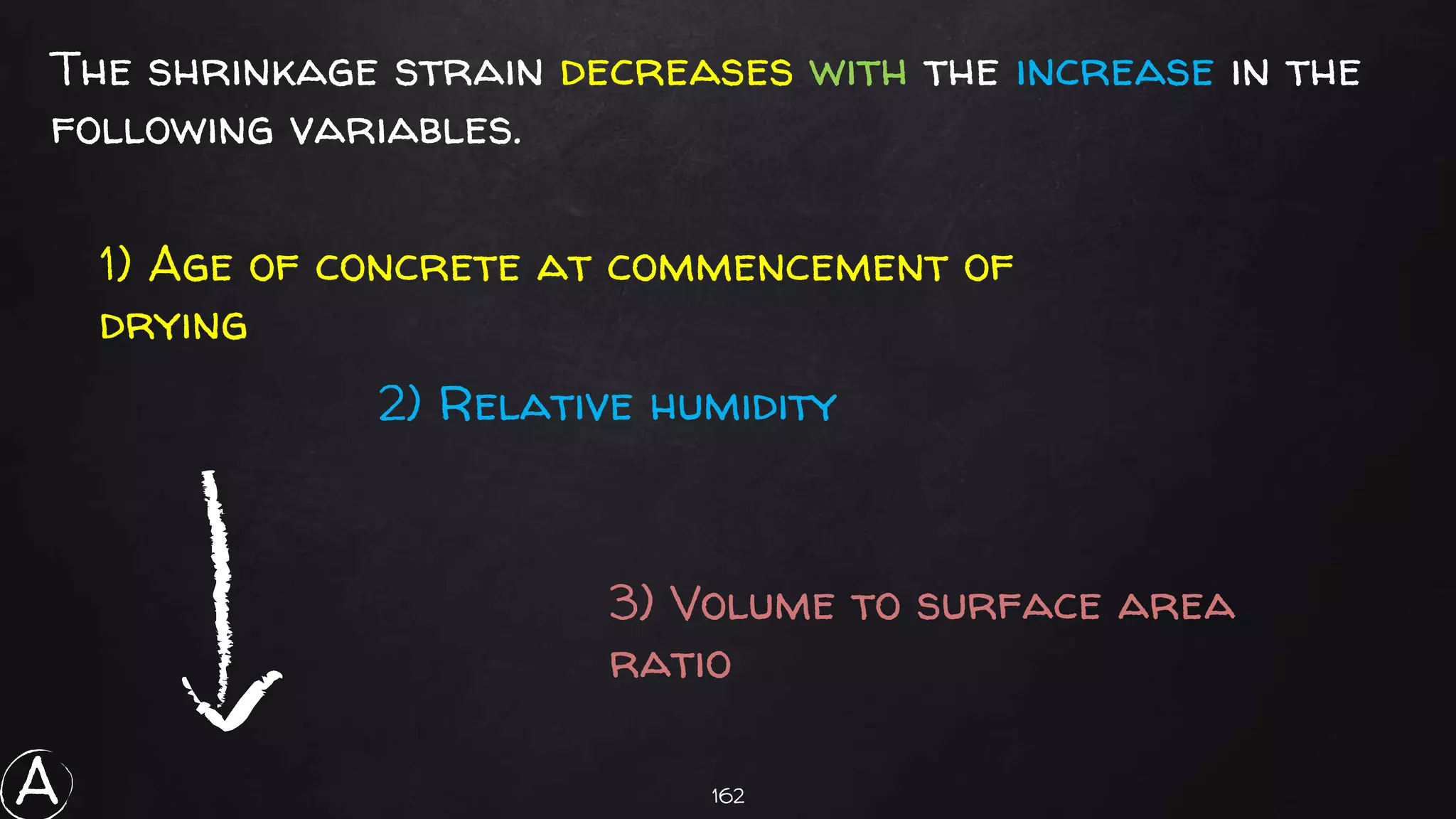162
The shrinkage strain decreases with the increase in the
following variables.
1) Age of concrete at commencement of
drying
2) Relative humidity
3) Volume to surface area
ratio
A
 