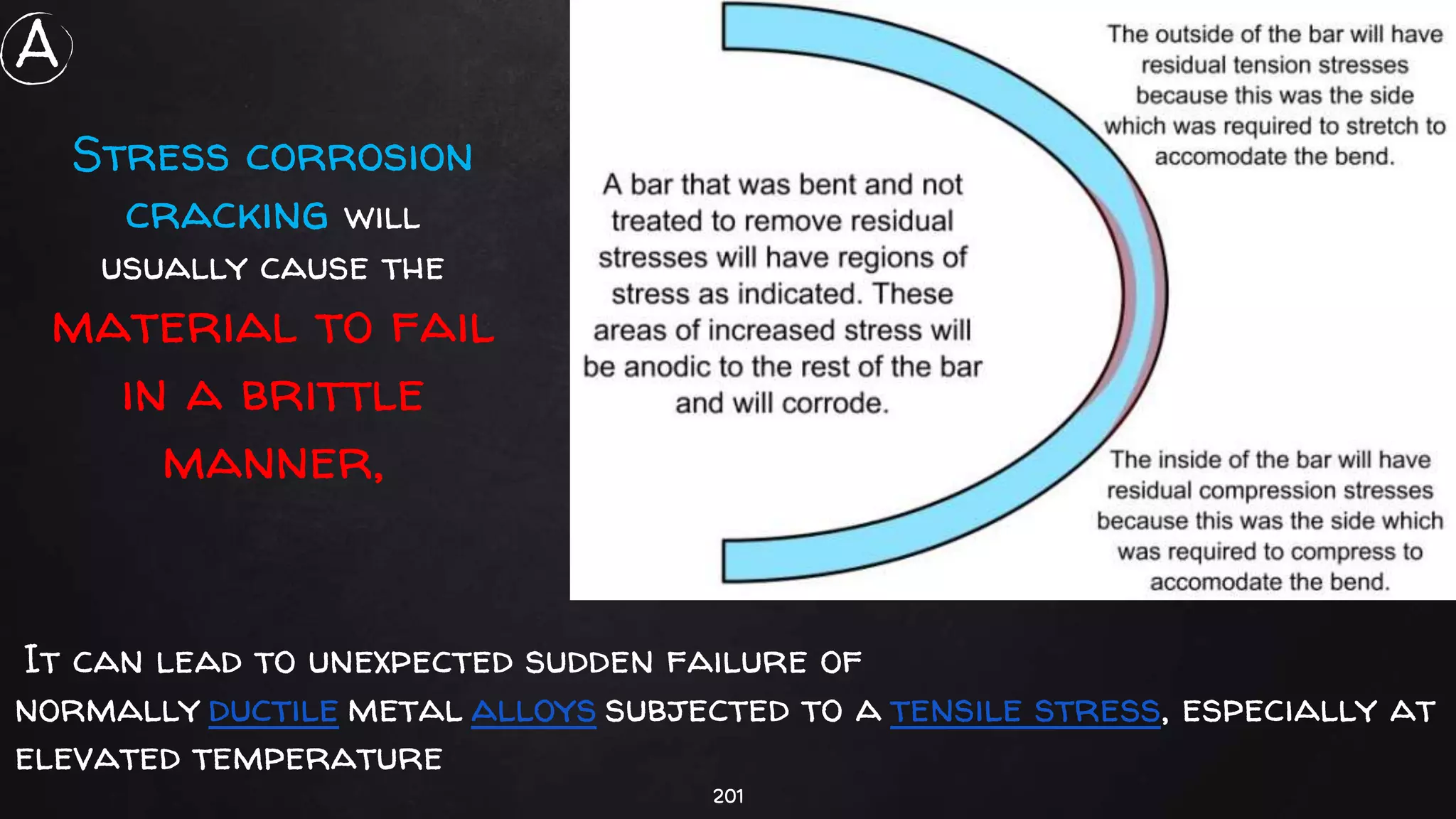 201
Stress corrosion
cracking will
usually cause the
material to fail
in a brittle
manner,
It can lead to unexpected sudden failure of
normally ductile metal alloys subjected to a tensile stress, especially at
elevated temperature
A
 