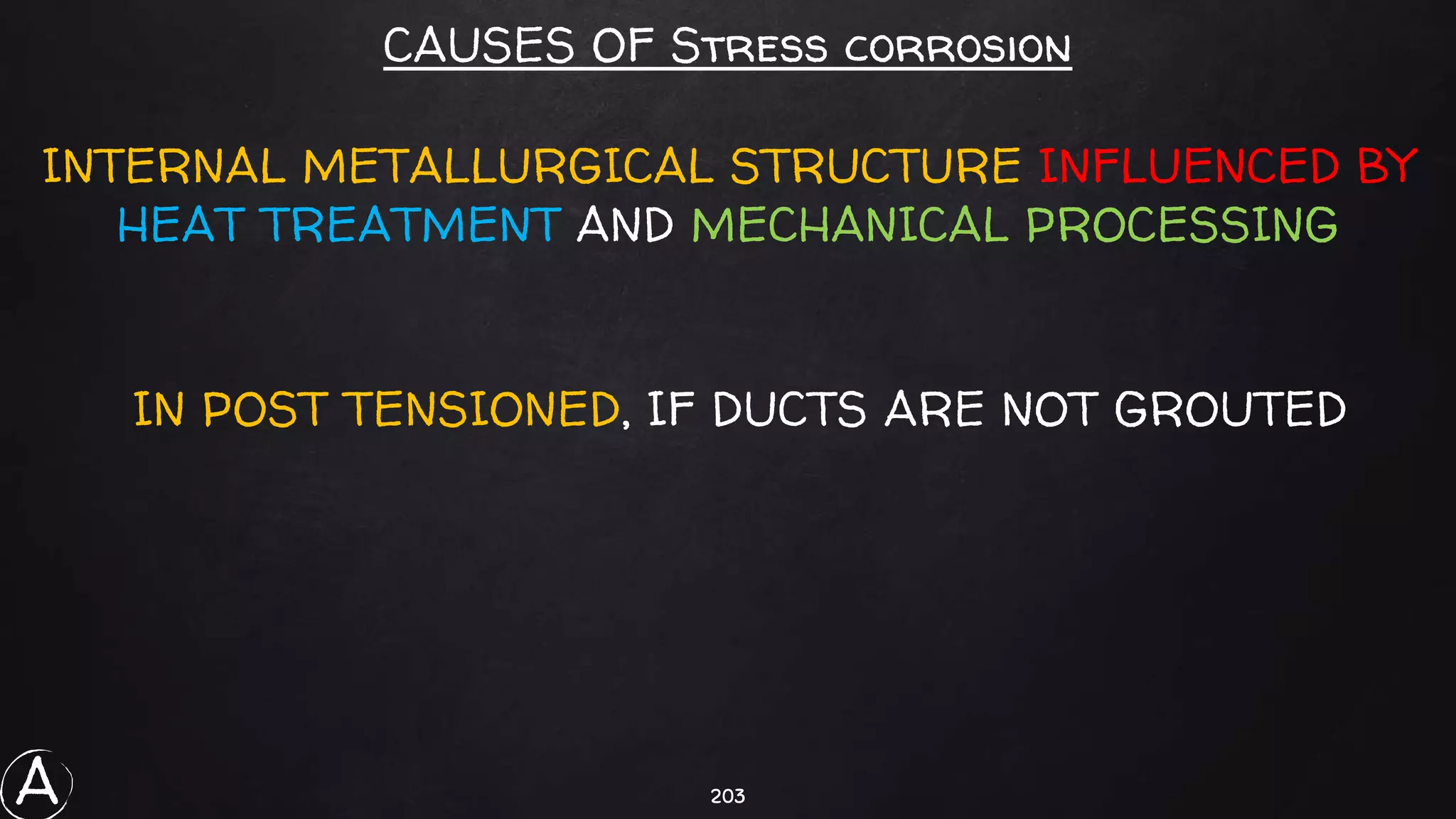 203
CAUSES OF Stress corrosion
INTERNAL METALLURGICAL STRUCTURE INFLUENCED BY
HEAT TREATMENT AND MECHANICAL PROCESSING
IN POST TENSIONED, IF DUCTS ARE NOT GROUTED
A
 