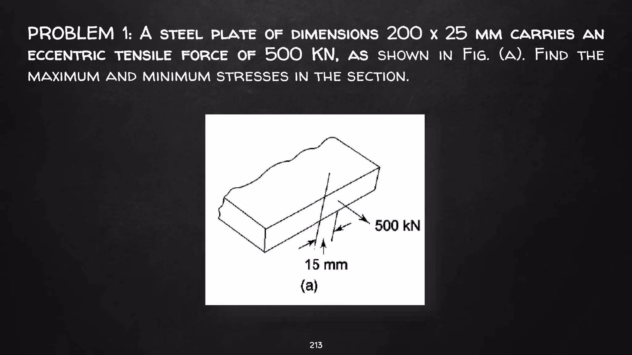 213
PROBLEM 1: A steel plate of dimensions 200 x 25 mm carries an
eccentric tensile force of 500 KN, as shown in Fig. (a). Find the
maximum and minimum stresses in the section.
 