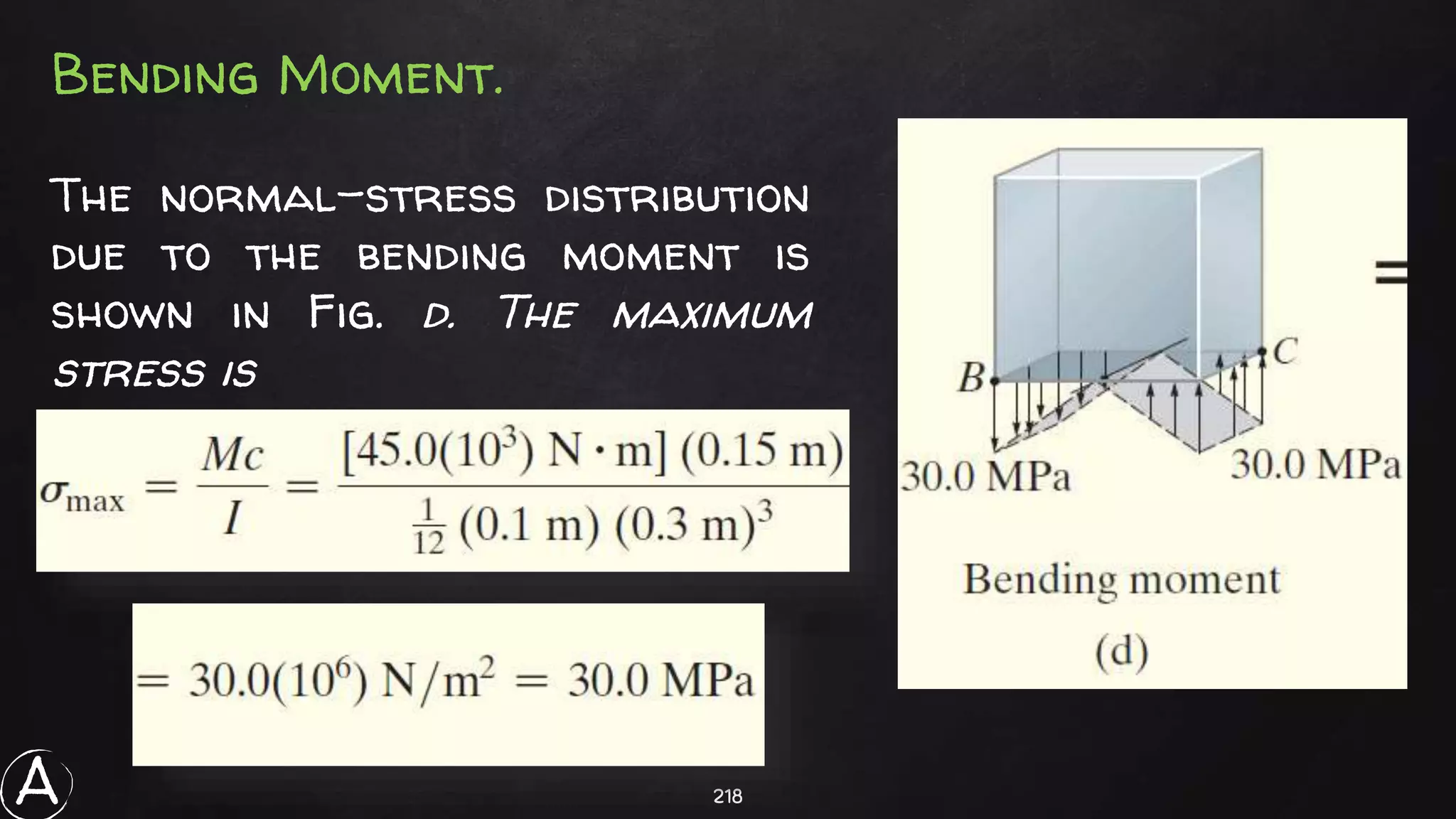 218
The normal-stress distribution
due to the bending moment is
shown in Fig. d. The maximum
stress is
Bending Moment.
A
 