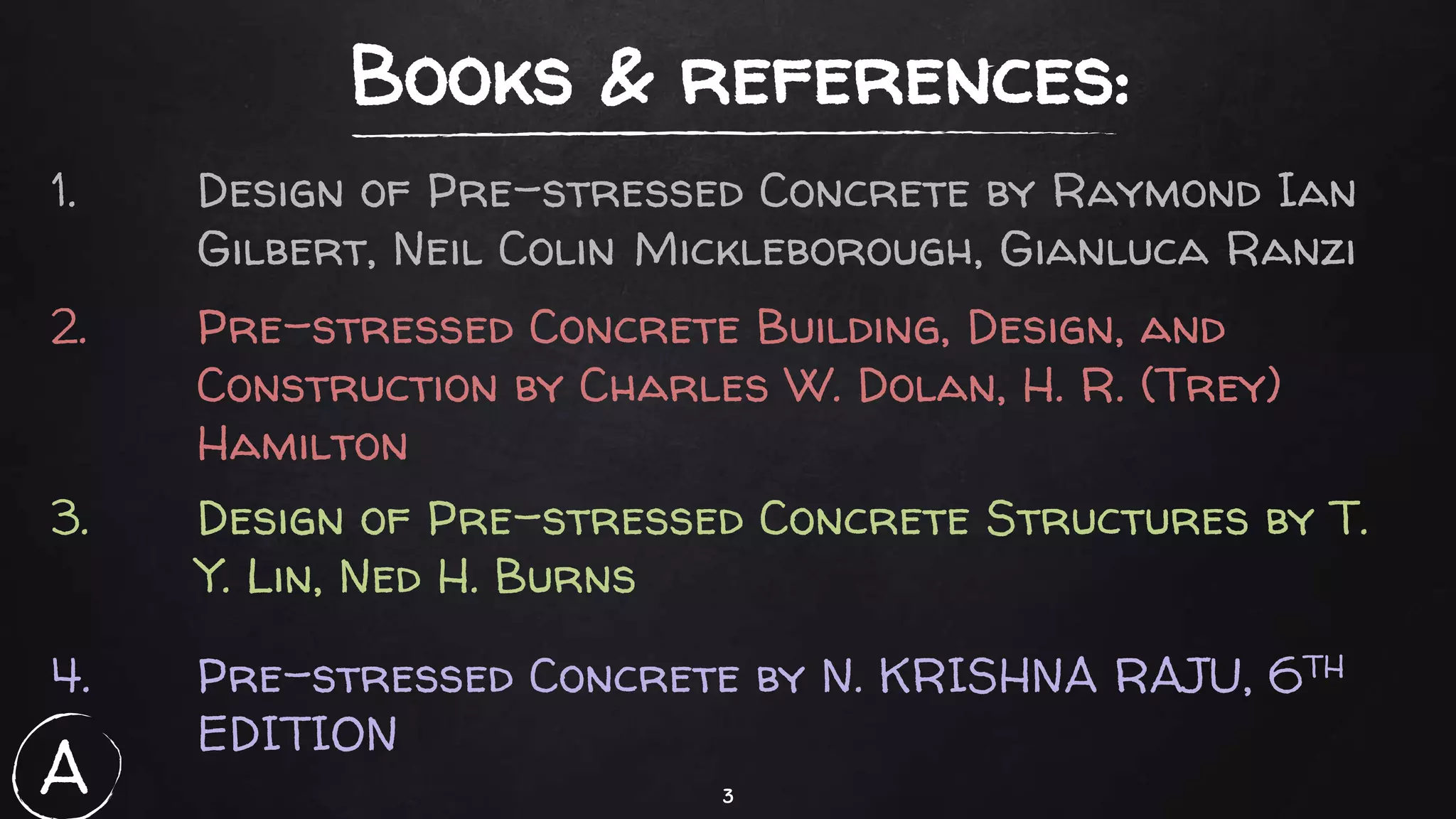 3
Books & references:
1. Design of Pre-stressed Concrete by Raymond Ian
Gilbert, Neil Colin Mickleborough, Gianluca Ranzi
2. Pre-stressed Concrete Building, Design, and
Construction by Charles W. Dolan, H. R. (Trey)
Hamilton
3. Design of Pre-stressed Concrete Structures by T.
Y. Lin, Ned H. Burns
4. Pre-stressed Concrete by N. KRISHNA RAJU, 6TH
EDITION
A
 