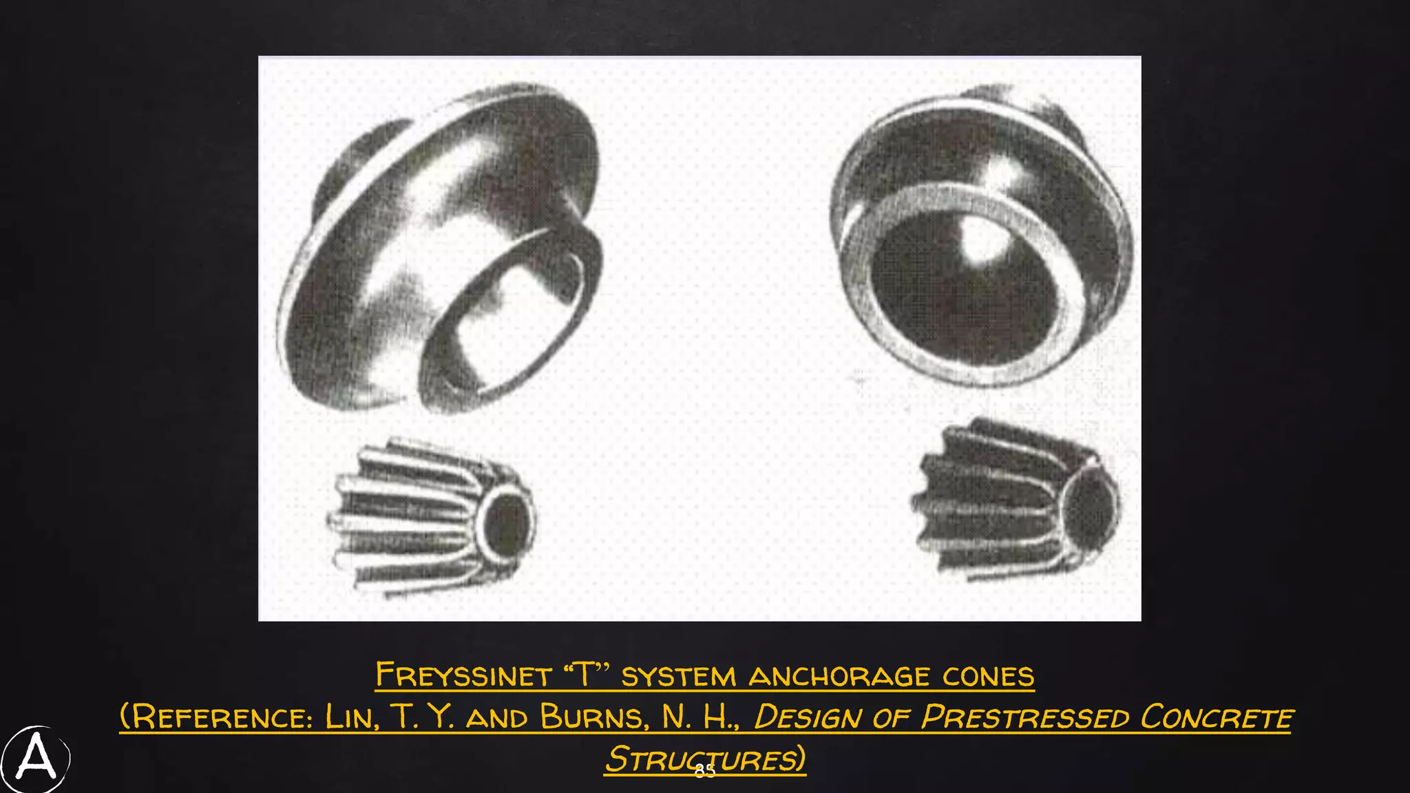 85
Freyssinet “T” system anchorage cones
(Reference: Lin, T. Y. and Burns, N. H., Design of Prestressed Concrete
Structures)A
 