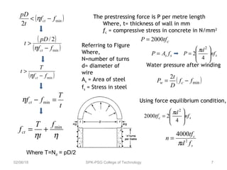 02/06/18 SPK-PSG College of Technology 7
( )min
2
ff
t
pD
ct −< η
( )
( )min
2/
ff
pD
t
ct −
>
η
( )minff
T
t
ct −
>
η
t
T
ffct =− minη
ηη
minf
t
T
fct +=
The prestressing force is P per metre length
Where, t= thickness of wall in mm
fc = compressive stress in concrete in N/mm2
ctfP 2000=
Referring to Figure
Where,
N=number of turns
d= diameter of
wire
As = Area of steel
fs = Stress in steel
ss fAP = snf
d
P 







=
4
2
2
π
Using force equilibrium condition,
sc nf
d
tf 







=
4
22000
2
π
s
c
fd
tf
n 2
4000
π
=
( )min
2
ff
D
t
P cw −=
Water pressure after winding
Where T=Nd = pD/2
 