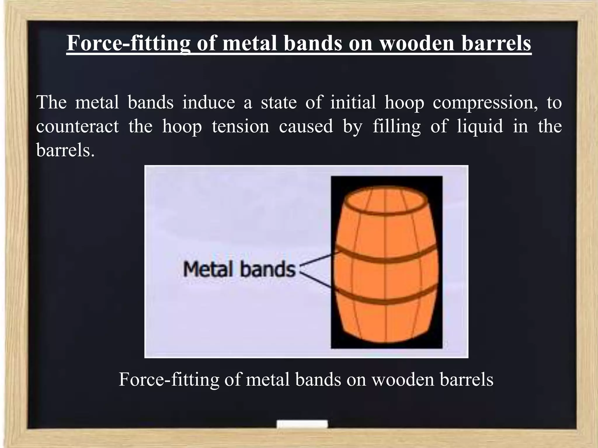 Force-fitting of metal bands on wooden barrels
The metal bands induce a state of initial hoop compression, to
counteract the hoop tension caused by filling of liquid in the
barrels.

Force-fitting of metal bands on wooden barrels

 
