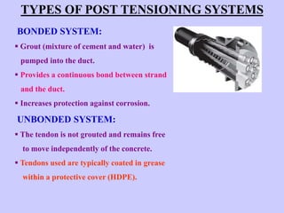 TYPES OF POST TENSIONING SYSTEMS
BONDED SYSTEM:
 Grout (mixture of cement and water) is
pumped into the duct.
 Provides a continuous bond between strand
and the duct.
 Increases protection against corrosion.
UNBONDED SYSTEM:
 The tendon is not grouted and remains free
to move independently of the concrete.
 Tendons used are typically coated in grease
within a protective cover (HDPE).
 