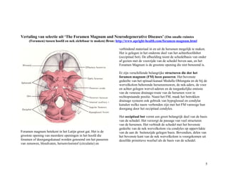 Vertaling van selectie uit ‘The Foramen Magnum and Neurodegenerative Diseases’ (Om smalle ruimtes
(Foramen) tussen hoofd en nek zichtbaar te maken) Bron: http://www.upright-health.com/foramen-magnum.html
Foramen magnum betekent in het Latijn groot gat. Het is de
grootste opening van meerdere openingen in het hoofd die
foramen of doorgangskanaal worden genoemd om het passeren
van zenuwen, bloedvaten, hersenvloeistof (circulatie) en
verbindend materiaal in en uit de hersenen mogelijk te maken.
Het is gelegen in het onderste deel van het achterhoofdsbot
(occipitaal bot). De afbeelding toont de schedelbasis van onder
af gezien met de voorzijde van de schedel boven aan, en het
Foramen Magnum is de grootste opening die niet benoemd is.
Er zijn verschillende belangrijke structuren die dor het
foramen magnum (FM) heen passeren. Het bovenste
gedeelte van het spinaal-kanaal Medulla Oblongata en de bij de
wervelkolom behorende hersenzenuwen, de nek-aders, de voor
en achter gelegen wervel-aderen en de toegankelijke emissie
van de veneuse drainage-route van de hersenen voor in
rechtopstaande positie. Naast het FM, maak het betrokken
drainage systeem ook gebruik van hypoglossal en condylar
kanalen welke nauw verbonden zijn met het FM vanwege hun
doorgang door het occipitaal condyles.
Het occipitaal bot vormt een groot belangrijk deel van de basis
van de schedel. Het verzorgt de passage van veel structuren
van de hersenen. Het verbindt de schedel met het bovenste
gedeelte van de nek wervelkolom via condyles op oppervlakte
van de aan de buitenzijde gelegen basis. Bovendien, delen van
het bovenste kant van de nek wervelkolom is voorgekomen uit
dezelfde primitieve weefsel als de basis van de schedel.
5
 