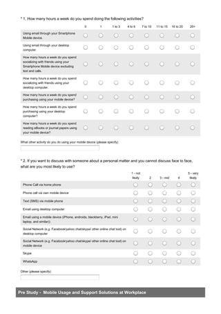 * 1. How many hours a week do you spend doing the following activities?
0 1 1 to 3 4 to 6 7 to 10 11 to 15 16 to 20 20+
Using email through your Smartphone
Mobile device.
Using email through your desktop
computer.
How many hours a week do you spend
socializing with friends using your
Smartphone Mobile device excluding
text and calls.
How many hours a week do you spend
socializing with friends using your
desktop computer.
How many hours a week do you spend
purchasing using your mobile device?
How many hours a week do you spend
purchasing using your desktop
computer?
How many hours a week do you spend
reading eBooks or journal papers using
your mobile device?
What other activity do you do using your mobile device (please specify)
* 2. If you want to discuss with someone about a personal matter and you cannot discuss face to face,
what are you most likely to use?
1 - not
likely 2 3 - mid 4
5 - very
likely
Phone Call via home phone
Phone call via own mobile device
Text (SMS) via mobile phone
Email using desktop computer
Email using a mobile device (iPhone, androids, blackberry, iPad, mini
laptop, and similar))
Social Network (e.g. Facebook/yahoo chat/skype/ other online chat tool) on
desktop computer
Social Network (e.g. Facebook/yahoo chat/skype/ other online chat tool) on
mobile device
Skype
WhatsApp
Other (please specify)
Pre Study - Mobile Usage and Support Solutions at Workplace
 