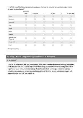 * 3. Which one of the following applications you use the most for personal communications (on mobile
device or desktop/laptop)?
None of the
listed 1 - not likely 2 3 - mid 4 5 - most likely
Skype
Facebook
WhatsApp
Viber
Twitter
Bump
Linkedln
Windows Live
Messenger
Google Talk
Email
Other (please specify)
Think of an experience that you encountered while using smart mobile device and you needed to
contact support. If you have no experience when using your smart mobile device try to recall an
experience when using computer/laptop. This should include both major problems such as
smartphone related problems or application crashes, and minor issues such as a program not
responding the way that you need it to.
Pre Study - Mobile Usage and Support Solutions at Workplace
6. IT Support
 