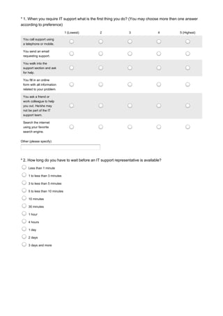 * 1. When you require IT support what is the first thing you do? (You may choose more then one answer
according to preference)
1 (Lowest) 2 3 4 5 (Highest)
You call support using
a telephone or mobile.
You send an email
requesting support.
You walk into the
support section and ask
for help.
You fill in an online
form with all information
related to your problem.
You ask a friend or
work colleague to help
you out. He/she may
not be part of the IT
support team.
Search the internet
using your favorite
search engine.
Other (please specify)
* 2. How long do you have to wait before an IT support representative is available?
Less than 1 minute
1 to less than 3 minutes
3 to less than 5 minutes
5 to less than 10 minutes
10 minutes
30 minutes
1 hour
4 hours
1 day
2 days
3 days and more
 