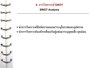 6. การวิเคราะห์ SWOT
SWOT Analysis
+ นาการวิเคราะห์ปัจจัยภายนอกมาระบุโอกาสและอุปสรรค
+ นาการวิเคราะห์องค์กรเทียบกับคู่แข่งมาระบุจุดแข็ง จุดอ่อน
 