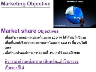 Marketing Objective
Market shareObjectives
- เพื่อสร้างส่วนแบ่งการตลาดในตลาด LCD TV ให้ได้ 5% ในปีแรก
- เพื่อเพิ่ม(แย่งชิง)ส่วนแบ่งการตลาดในตลาด LCD TV ขึ้น 2% ในปี
2012
- เพื่อรักษาส่วนแบ่งทางการตลาดที่ 4% เอาไว้ ตลอดปี 2010
พิจารณาส่วนแบ่งตลาด เป็นหลัก...กาไรอาจจะ
เป็นรองก็ได้
 