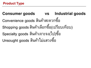 Product Type
Consumer goods vs Industrial goods
Convenience goods สินค้าสะดวกซื้อ
Shopping goods สินค้าเลือกซื้อ(เปรียบเทียบ)
Specialty goods สินค้าเจาะจง(ไป)ซื้อ
Unsought goods สินค้าไม่แสวงซื้อ
 